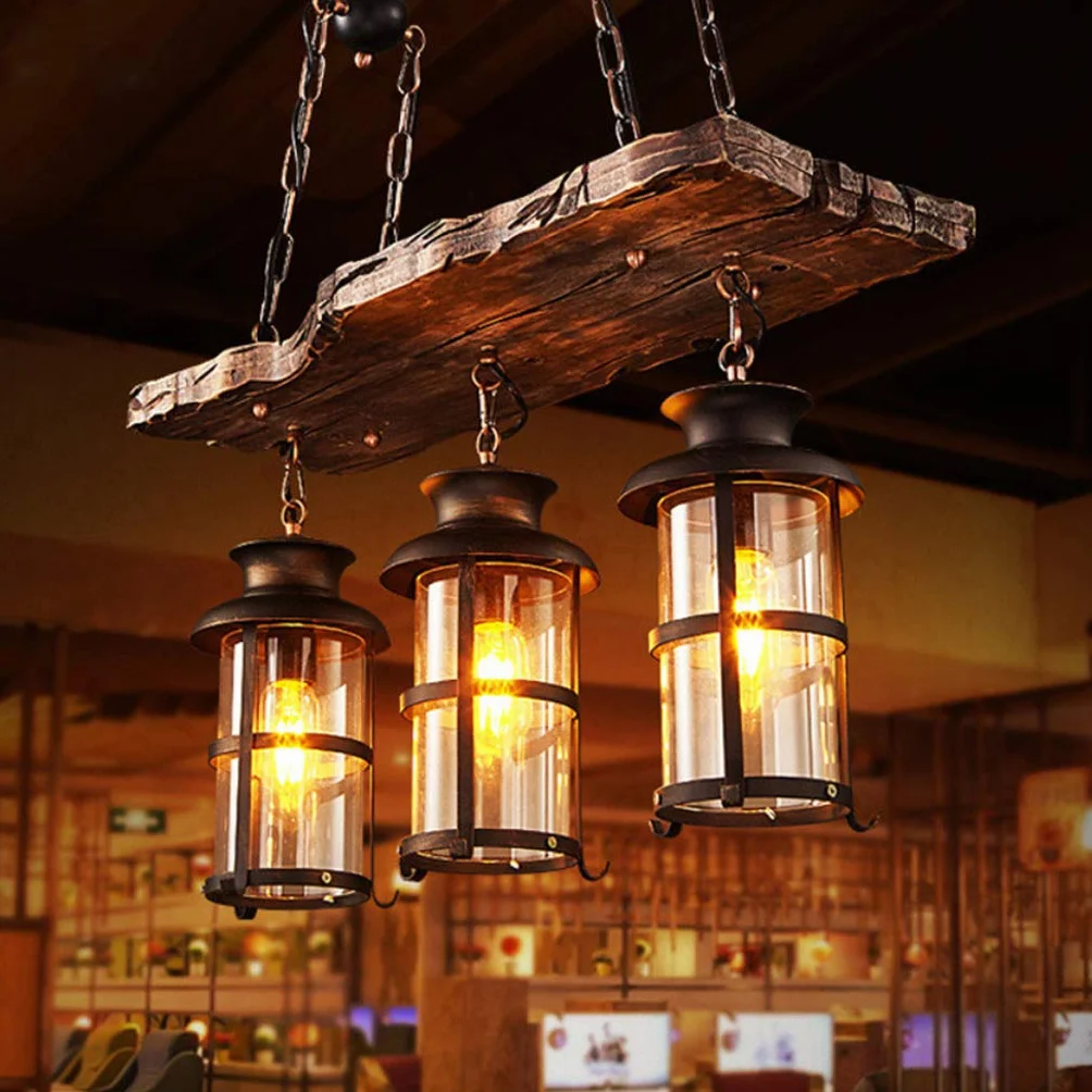 Lampa wisząca w stylu vintage, E27, industrialny żyrandol, styl vintage, drewno, lampa wisząca, czarne żelazo, szkło, abażur, lampa wisząca z regulacją wysokości, 3 płomienie oświetlenia, loft