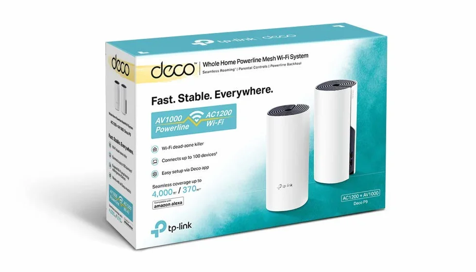 TP-Link Deco P9 Powerline zestaw sieci WLAN (podwójny pasmo 1200 Mbit/s + HomePlug 1000 Mbit/s, zasięg do 370 m², Qualcomm Core, 4 porty Gigabit, kompatybilny z Alexa, szybka instalacja), biały
