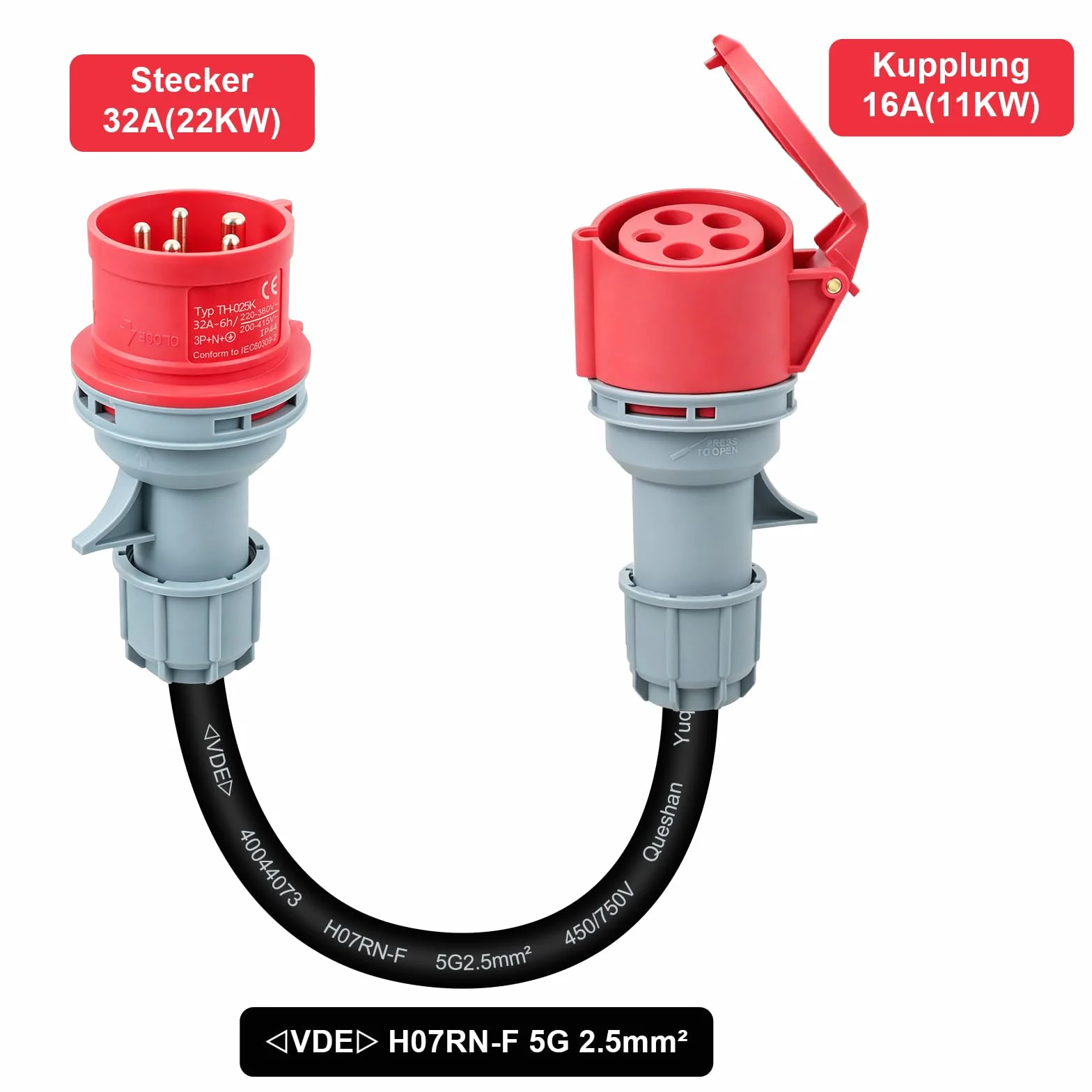Adapter CEE 32 A wtyczka na złącze 16 A, 3-fazowy adapter prądu silnego, kabel VED, 5-rdzeniowy rdzeń z mosiądzu, 5 x 2,5 mm², kabel zasilający 415 V maks. IP44, 32 A na 16 A, odpowiedni do przemysłu