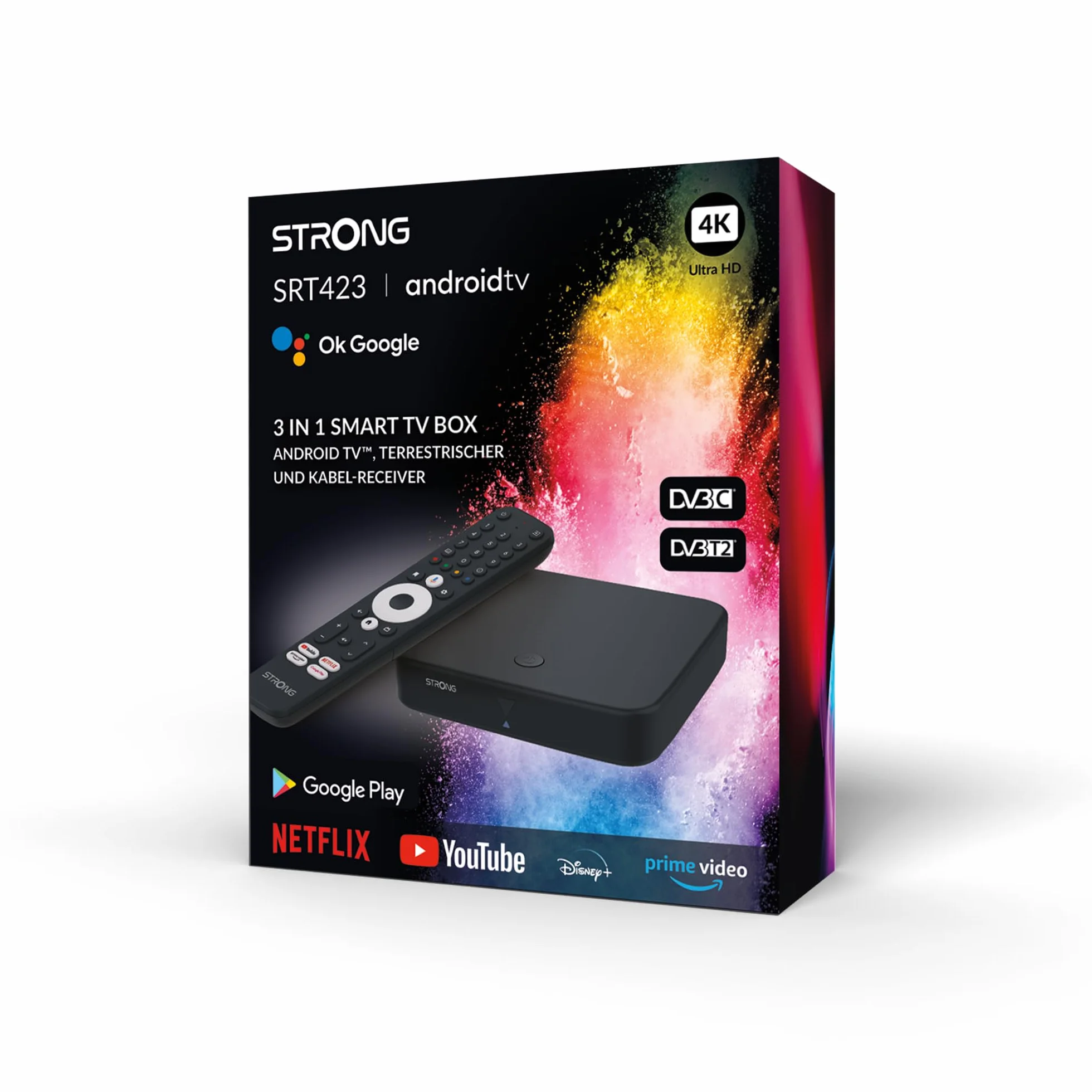 STRONG SRT 423 Streaming Box Android TV 4K UHD Chromecast Built-in DVB-T2 Odbiornik Kablowy Sterowanie Głosem Dolby Vision Atmos Czarny