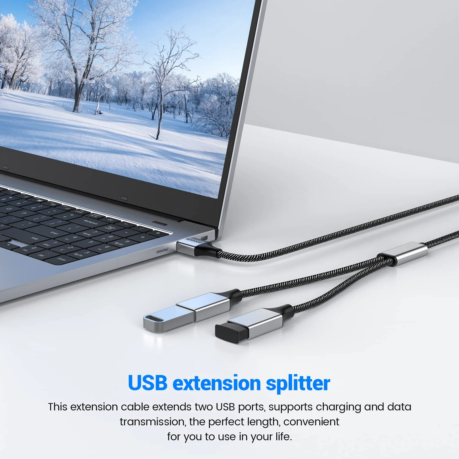 MOGOOD Rozdzielacz USB, adapter 1 w 2 wyjścia, podwójny USB 2.0, przedłużacz kabla zasilającego, transfer danych, kompatybilny z laptopem/Mac