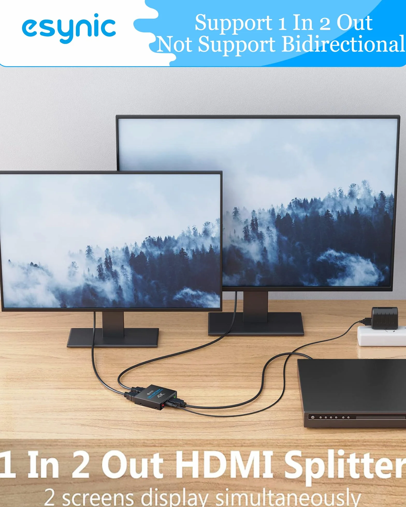 eSynic Rozdzielacz HDMI 4K/30Hz 2-drożny 1 wejście 2 wyjścia HDMI 1.4 HDCP Bypass Splitter