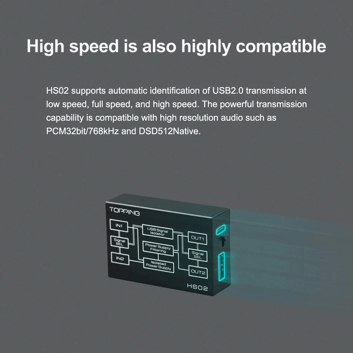 Topping HS02 USB 2.0 izolator audio PCM32bit 768kHz DSD512 Native