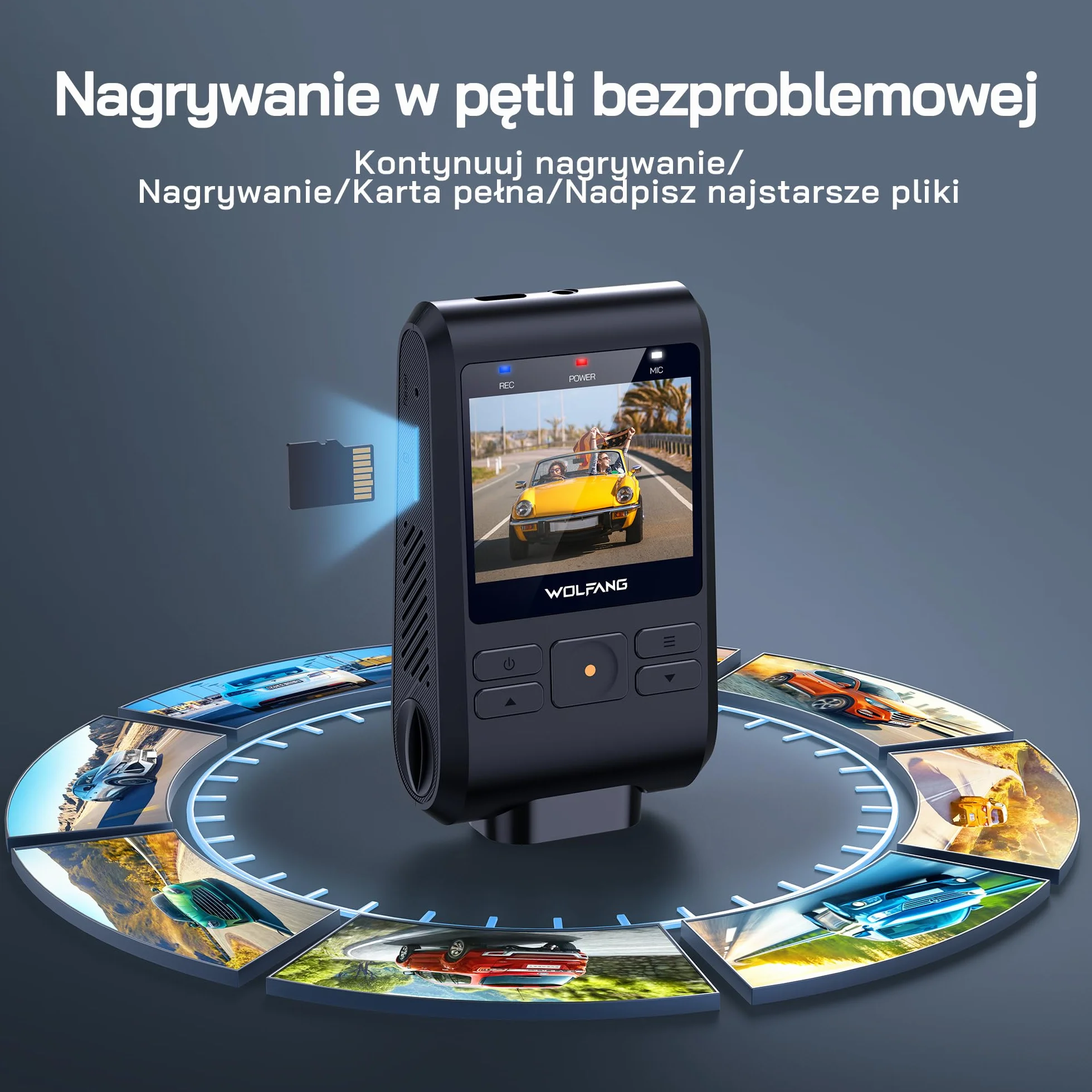 Kamera samochodowa WOLFANG 2.5K Wi-Fi 32GB podwójna z noktowizorem nagrywanie w pętli czujnik G szeroki kąt 170