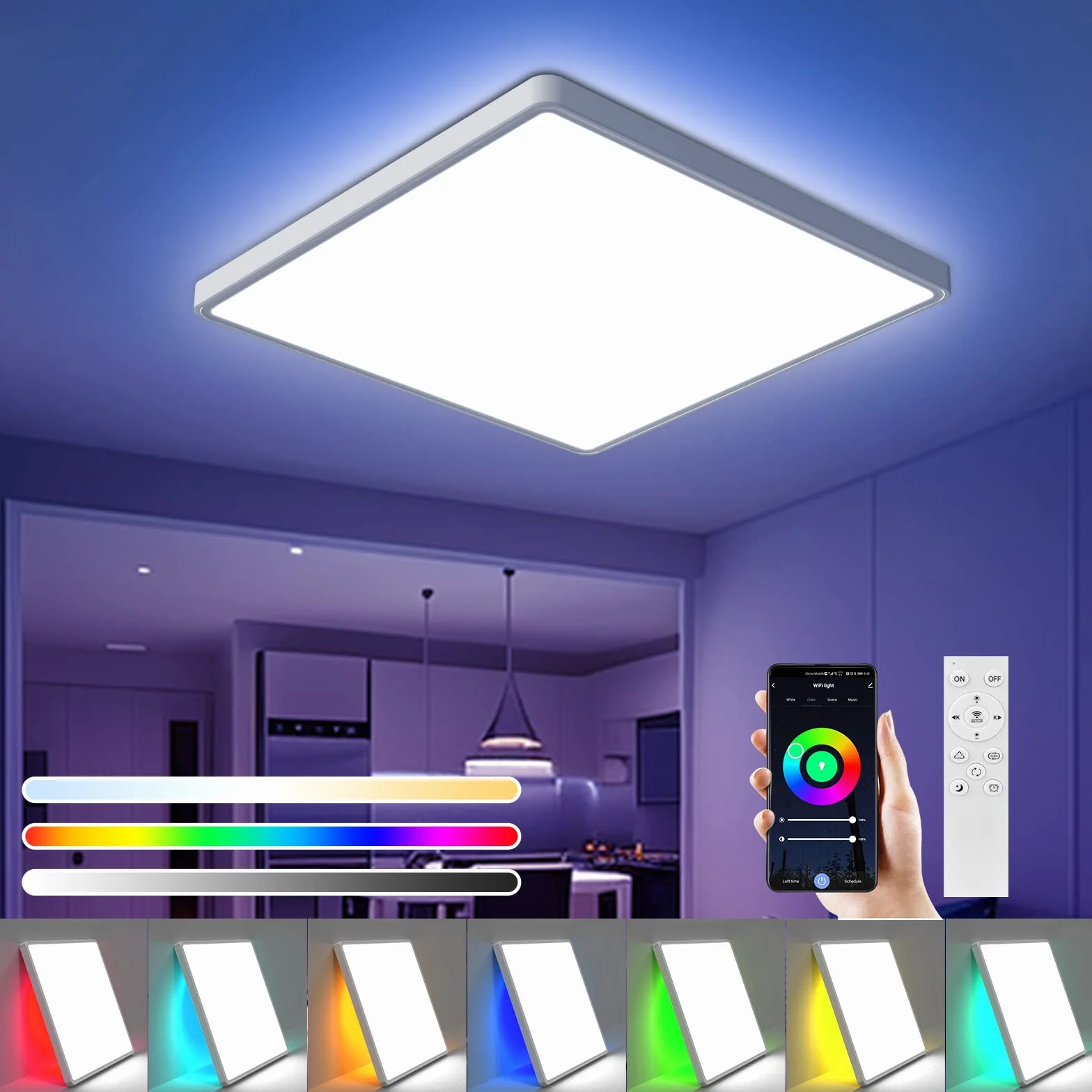 OTREN Sufitowa oprawa oświetleniowa LED z pilotem zdalnego sterowania, 36 W, 3600 lm, 3000 K-6500 K, ściemniane podświetlenie RGB, kwadratowa podtynkowa, lampa sufitowa do salonu, sypialni, jadalni