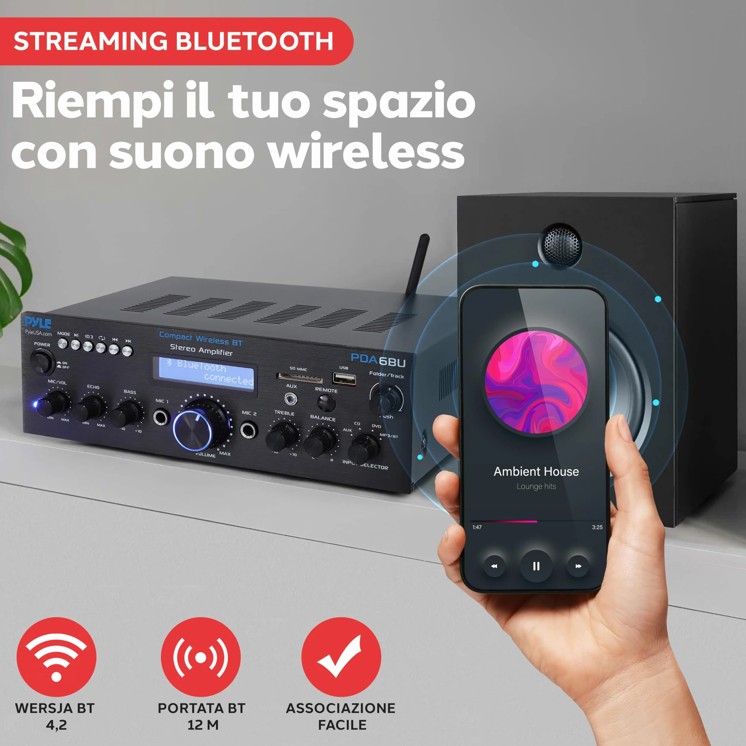 Pyle PDA6BU 200W Dual Channel Bluetooth Power Amplifier System w/ USB SD AUX MIC Echo Radio LCD