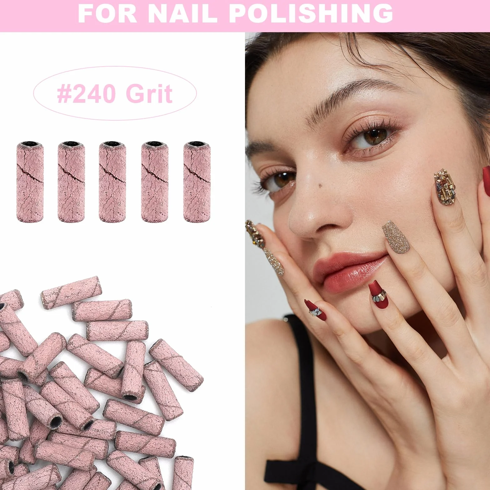 100 sztuk małych taśm szlifierskich #240 Grit, bardzo cienkie tulejki szlifierskie, końcówki do frezarki do paznokci z 2 frezami do paznokci, profesjonalne pilniki do paznokci, taśmy