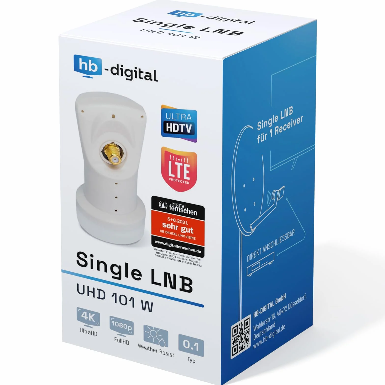 hb-digital LNB Głowica Satelitarna 1 Abonent Direkt LTE Protected Full HD 4K UHD Pozłacane Styki Biały