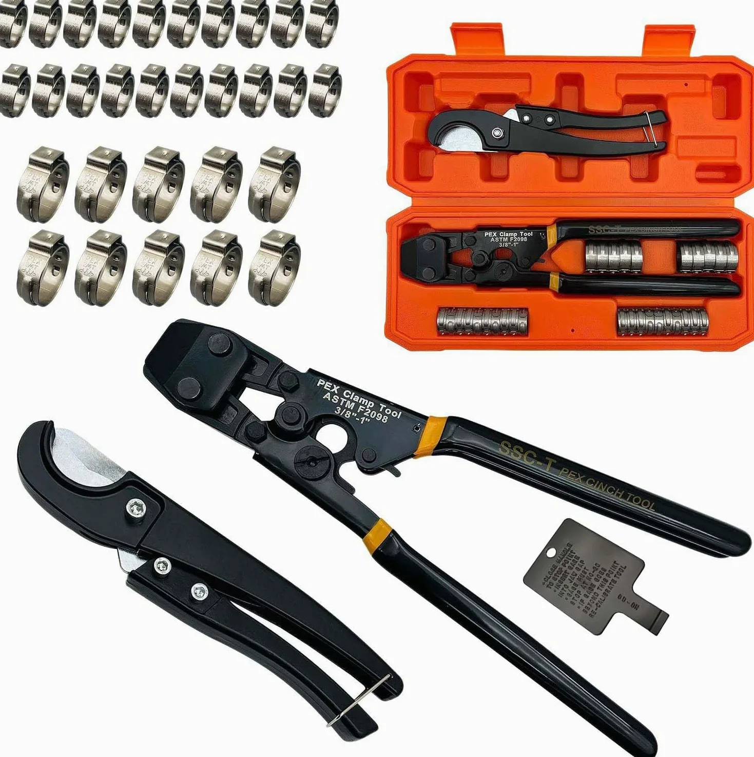 PEX Zacisk do rur Narzędzie zaciskowe SS PEX, 1/2" 20 szt., 3/4" 10 szt., obcinanka, w plastikowym pudełku