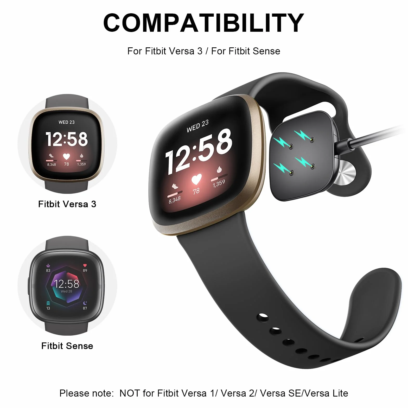 Kabel do ładowania Fitbit Versa 4 / Sense 2 / Versa 3 / Sense, 50 cm i 100 cm, USB stacja ładująca