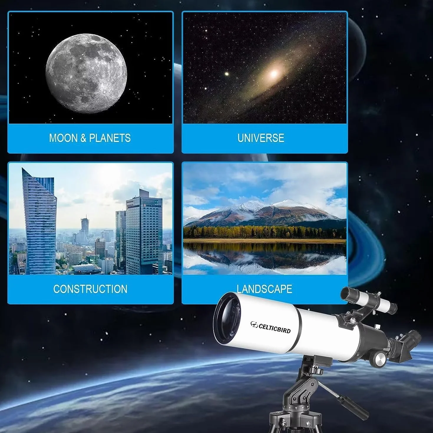 Celticbird Teleskop astronomiczny teleskop refrakcji dla dorosłych i początkujących - AZ Mount z plecakiem, filtr księżycowy 80560