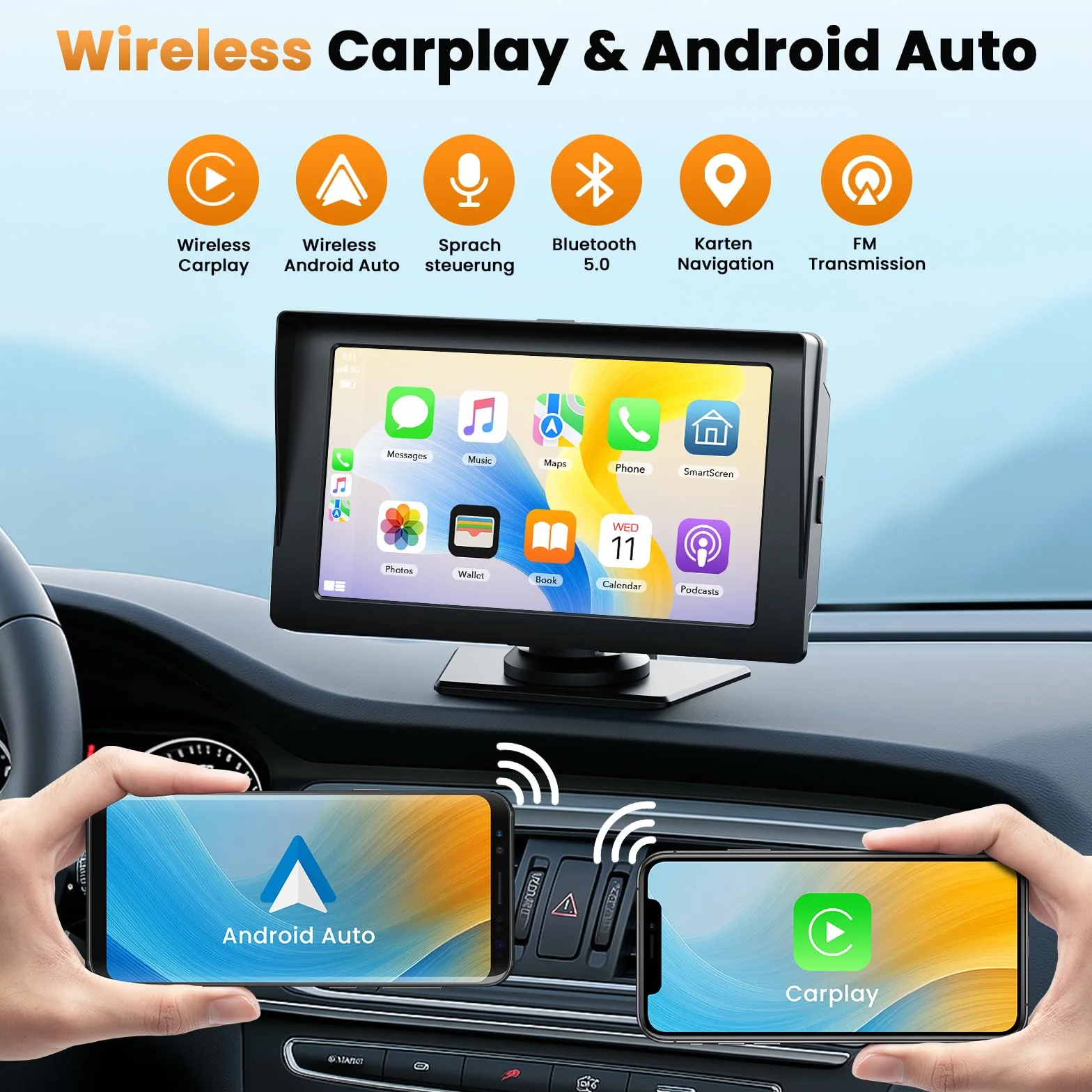 Volam Bezprzewodowy wyświetlacz Carplay Android Auto z 7-calowym ekranem dotykowym, ekran Car Play z nawigacją GPS, asystent głosowy, Mirror Link, Bluetooth 5.0, AUX, FM