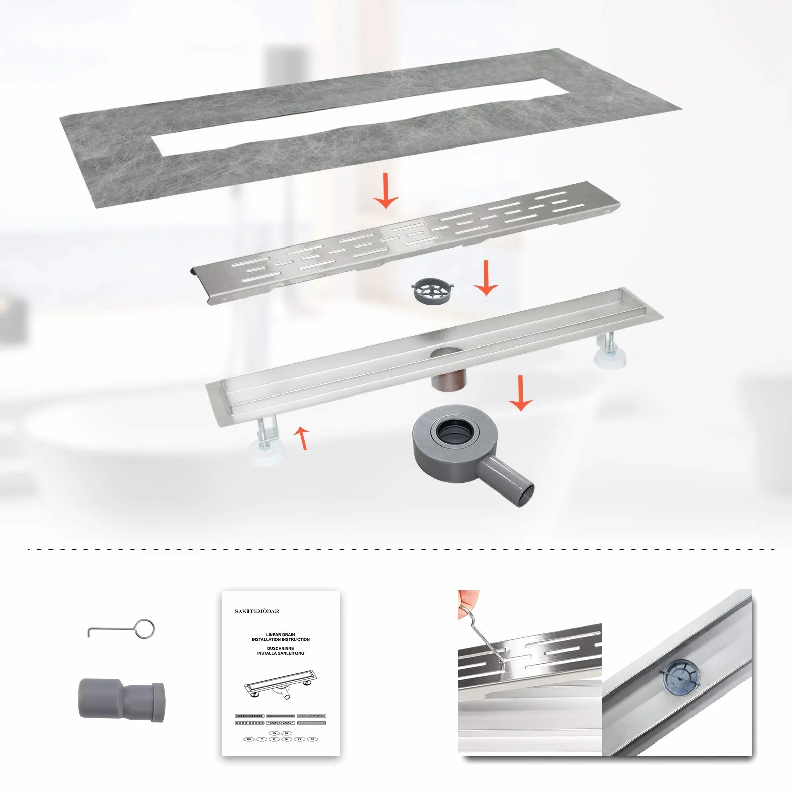 SaniteModar Odpływ łazienkowy liniowy ze stali nierdzewnej 70cm. Panel z otworami liniowymi. Posiada podstawę obrotową o 360 stopni. Odpływ prysznicowy z syfonem i sitkiem do włosów.
