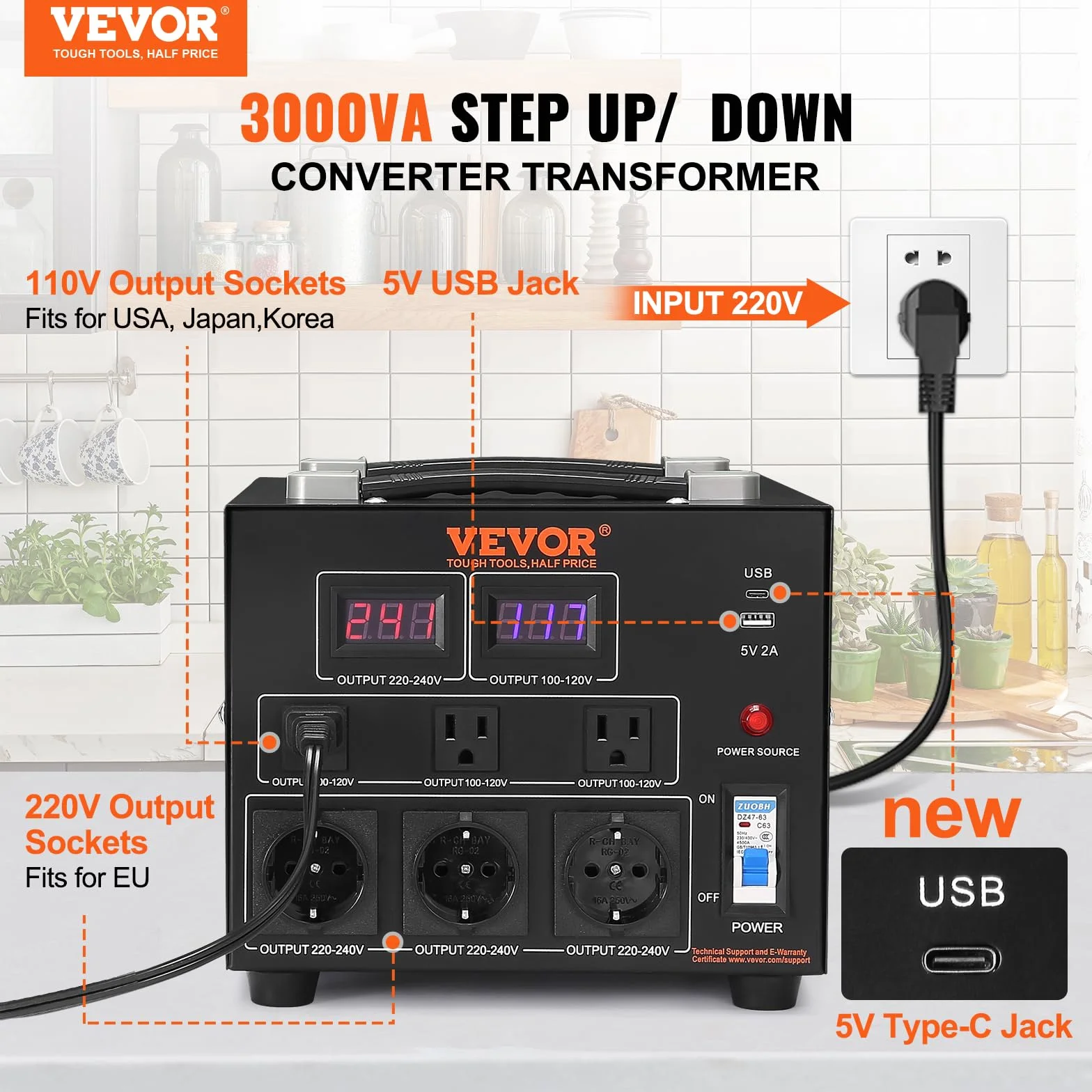 VEVOR Przetwornica napięcia 3000 W, AC 110 V/220 V, 3 gniazda NEMA 5-15R, 3 gniazda Schuko, USB i Type-C