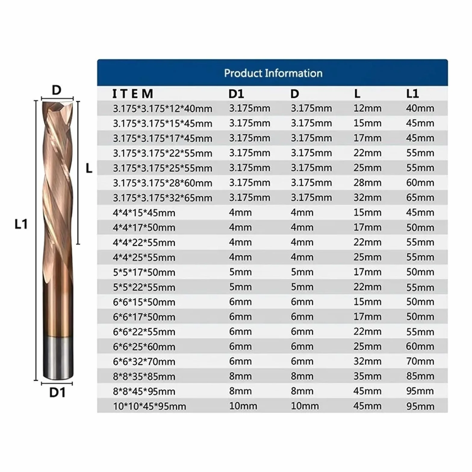 1 szt. Frez górny i dolny 3,175/4/5/6/8mm Shank CNC Router Bit TiCN powlekany 2-ostrzowy frez z węglika spiekanego Frezowanie drewna(8x8x45x95L)