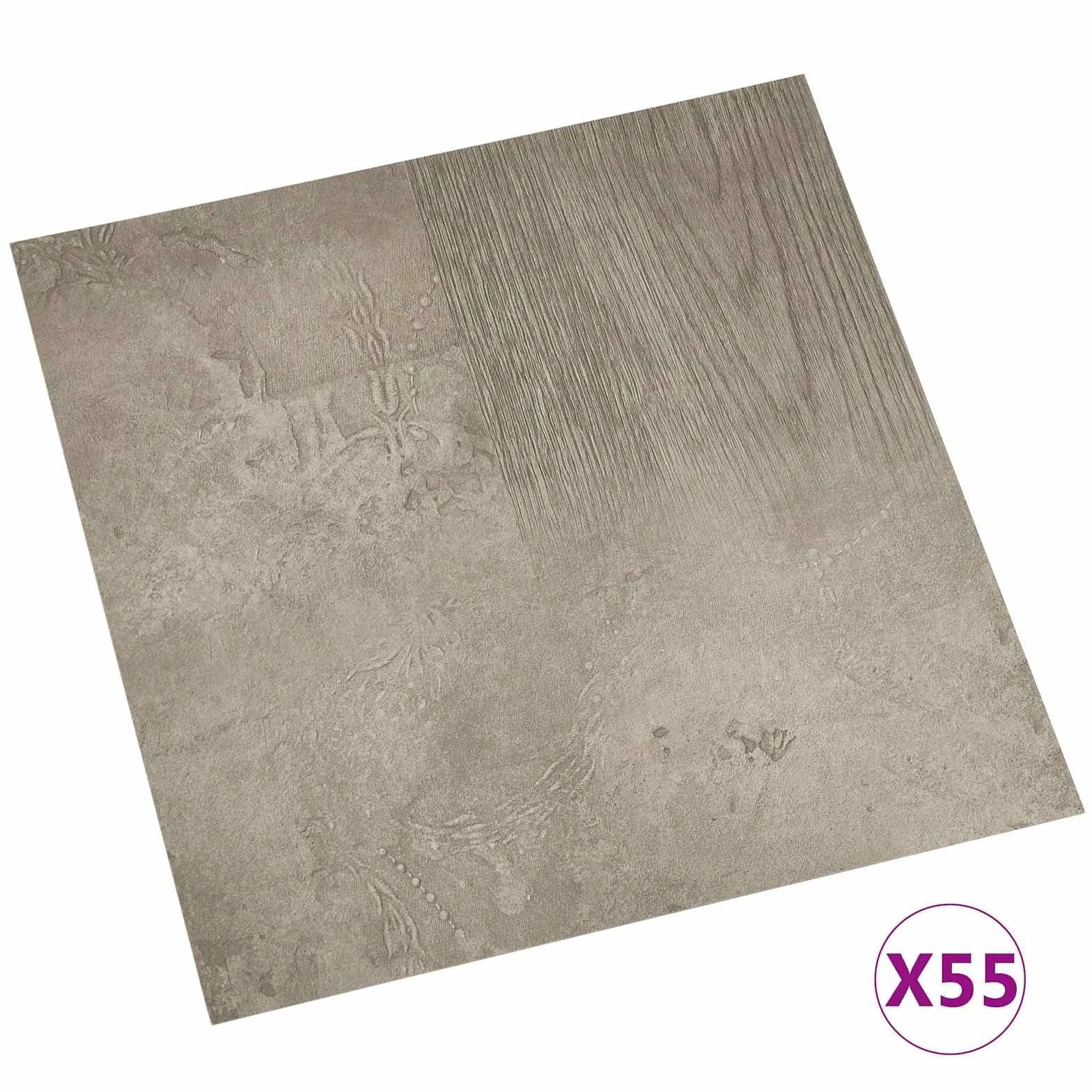 Deski podłogowe z PCW ciemnobrązowe i szare, samoprzylepne, 55 sztuk, 5,11 m², kwadratowe, 30,5 x 30,5 cm, do wnętrz, salonu, kuchni, renowacji, akustycznego kroku, izolacja antypoślizgowa