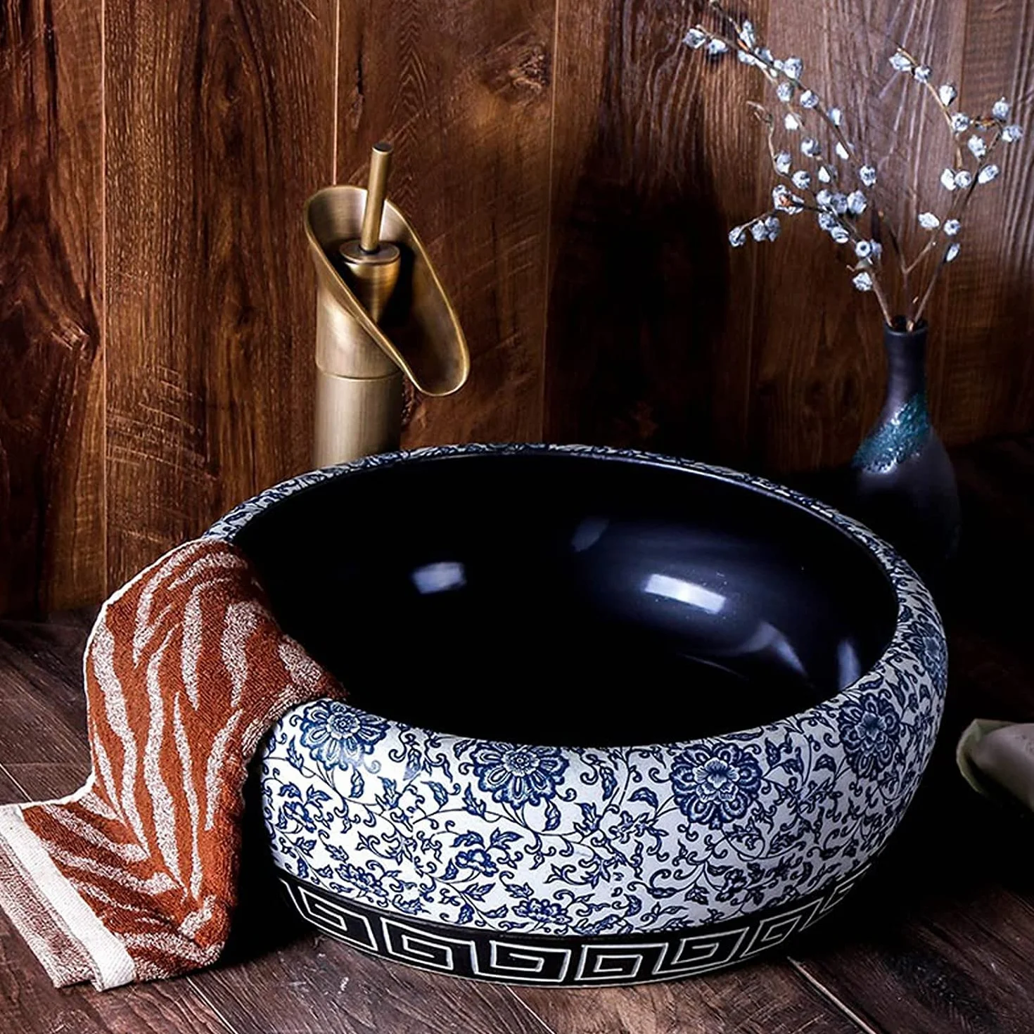 Ceramiczna Umywalka Łazienkowa, Umywalka Ceramiczna, Umywalka Nablatowa, Tradycyjna Umywalka Nablatowa W Kolorze Niebiesko-Białym, Okrągła, 16,5'' X 16,5'',Singlepot