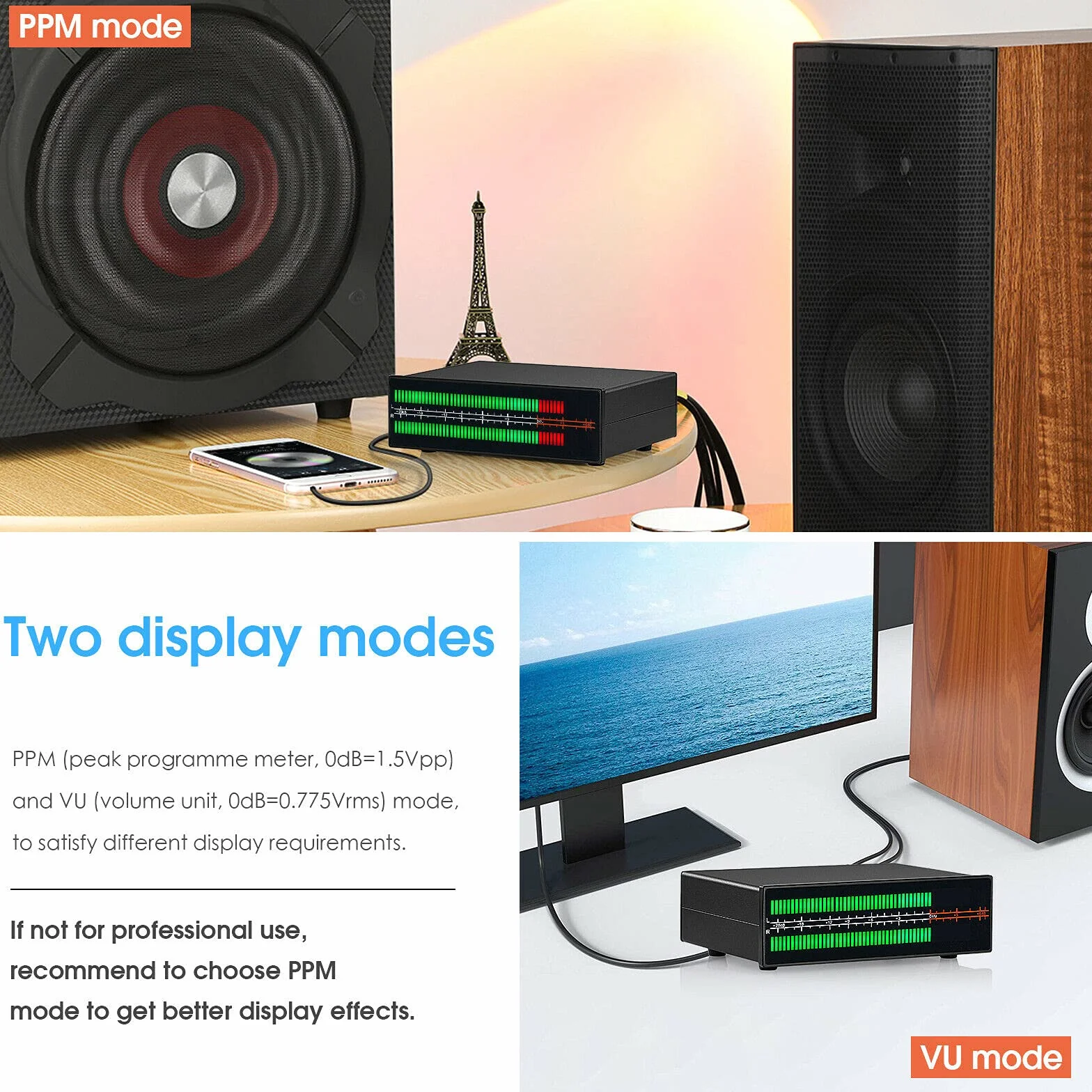 MIC+LINE dwukanałowy miernik poziomu dźwięku LED, wyświetlacz, spektrum muzyki, stereo cinch, 3,5 mm AUX adapter audio, rozdzielacz
