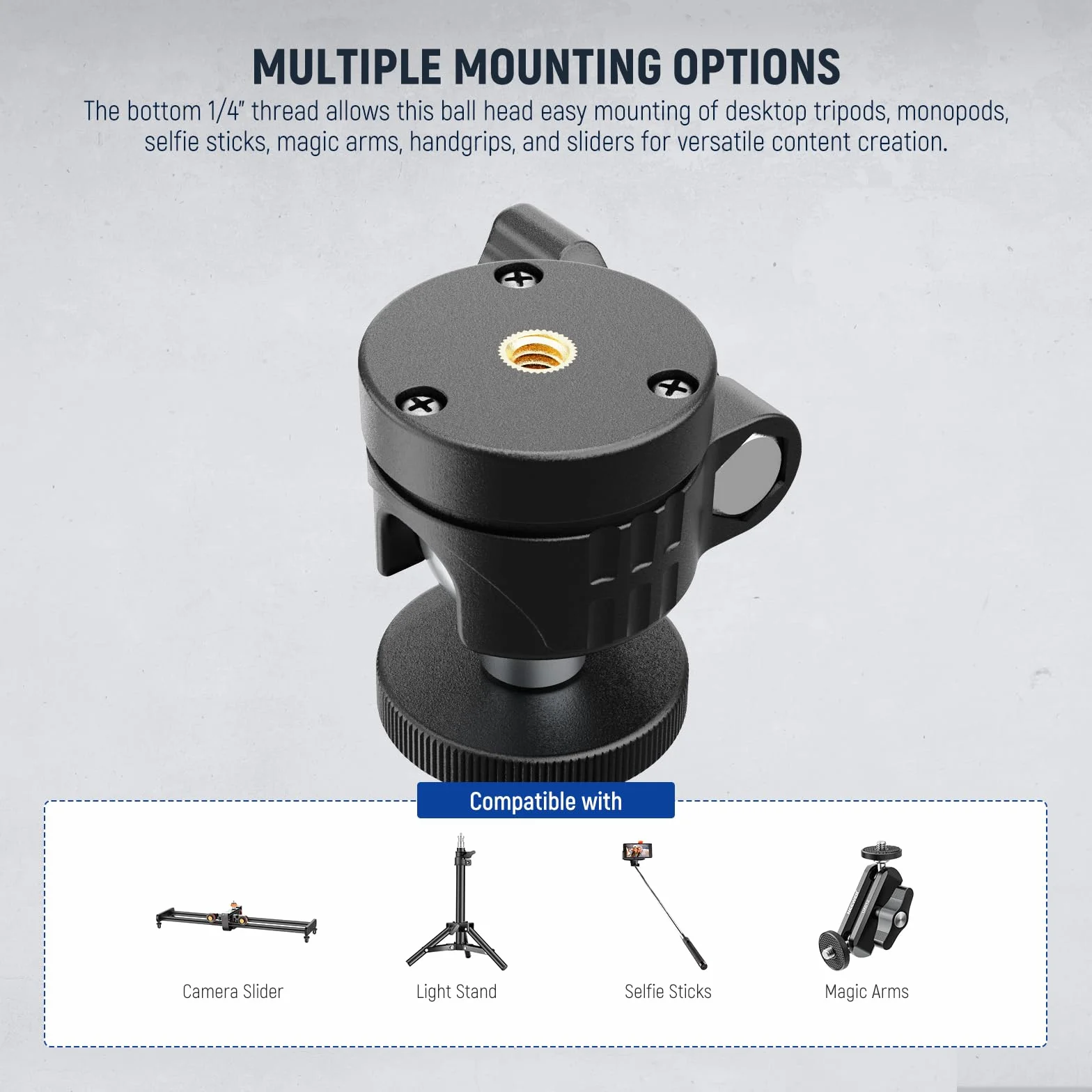 NEEWER BASIC Mini głowica kulki, przenośny adapter do kamery do montażu na głowicy statywu 1/4" do DSLR Action Cam Telefon LED Światło pierścieniowe suwak monopod, 4,4 funta maksymalne obciążenie, 360