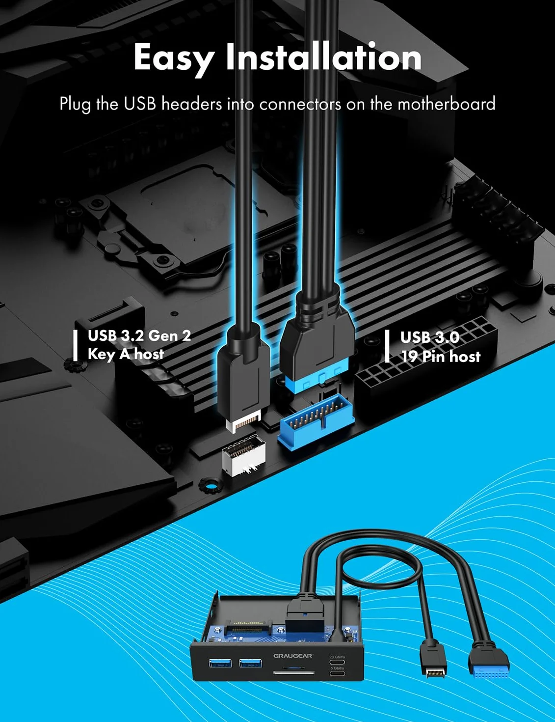 GRAUGEAR 6 interfejsów panel przedni o przekątnej 3,5 cala, USB3.2 Gen2 x 2 typ C do 20 Gbit/s, 2 x USB-A+USB-C, czytnik kart SD+microSD, Key-A 20-pin i 19-pinowy nagłówek, metal