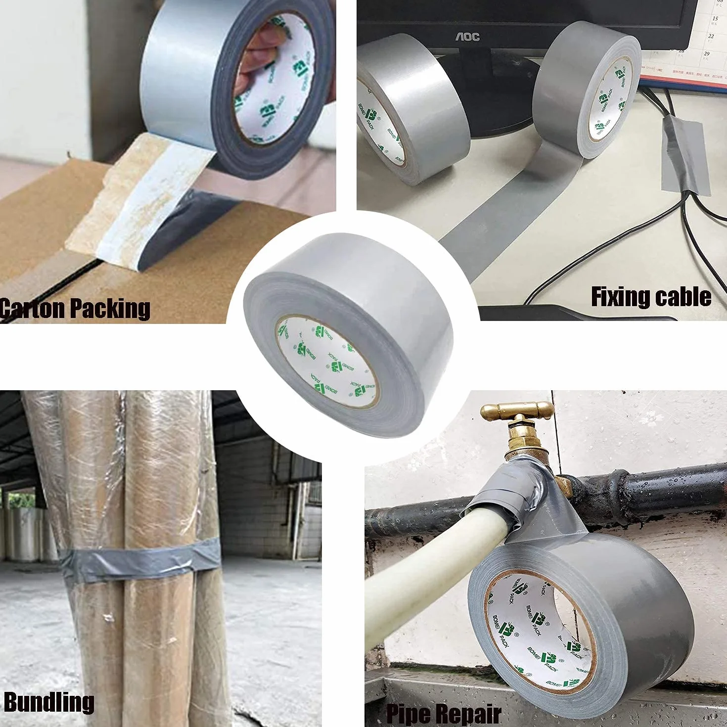 BOMEI PACK 12 rolek srebrnej taśmy pancernej – 50 mm x 50 m, mocno klejąca, ręcznie rozrywana, wzmocniona tkaniną, kolor: srebrno-szary, taśma z tkaniny, taśma naprawcza