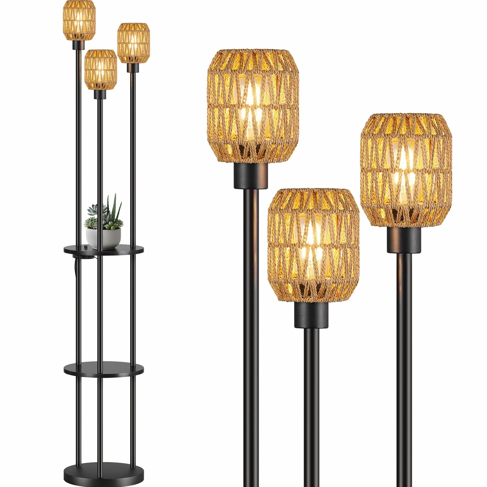 Lampa stojąca do salonu, vintage, 3-punktowa, do sypialni i biura | Abażur rattanowy w stylu boho, dwuwarstwowy regał, przełącznik obrotowy, 0%-100% bezstopniowe ściemnianie, zawiera żarówkę