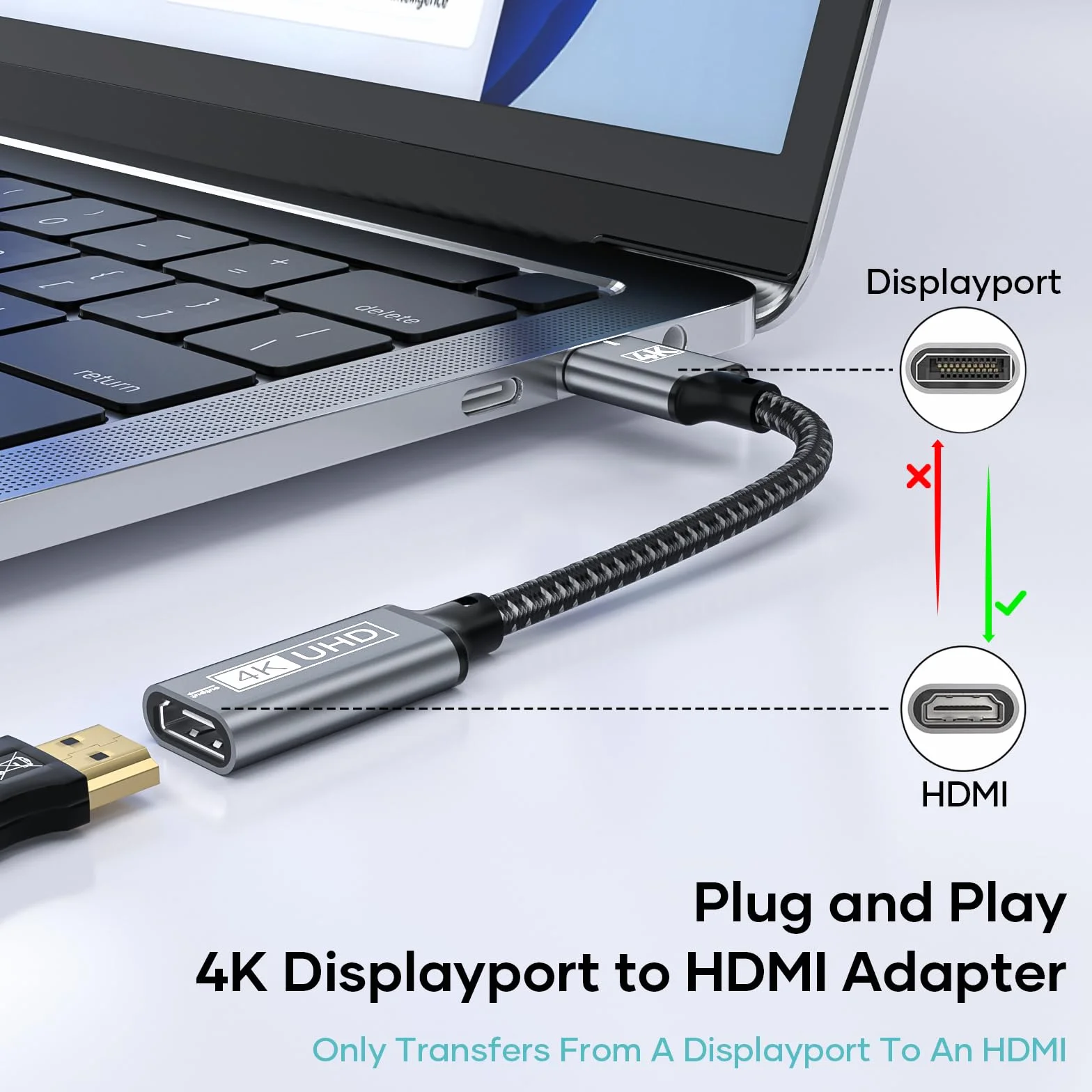 Adapter DisplayPort na HDMI pleciony męski żeński kompatybilny z laptopami komputerami stacjonarnymi Lenovo Dell HP