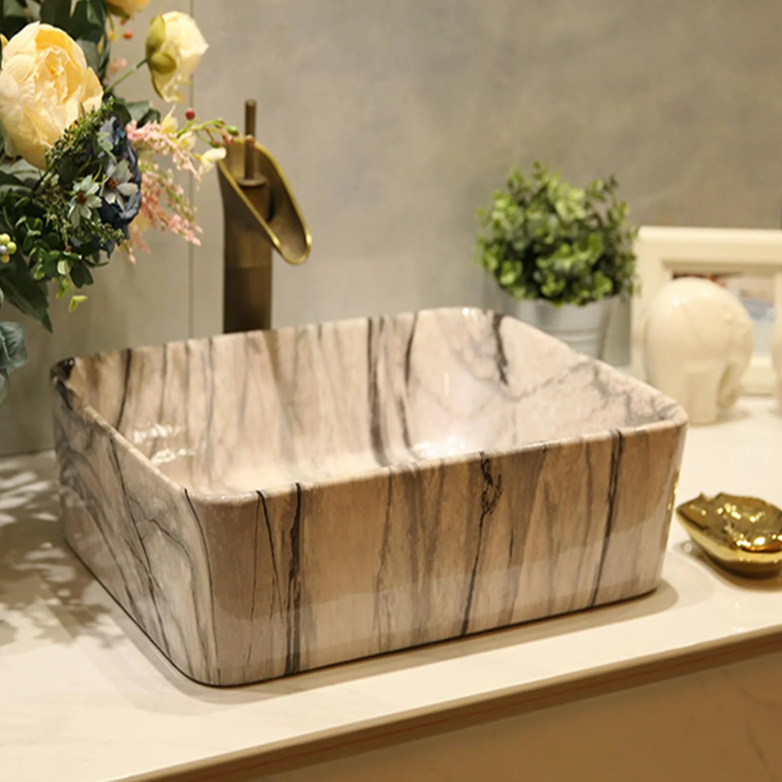 Stylowa, Prostokątna, Marmurowa Umywalka Nablatowa Z Odpływem Kranu, Elegancka Ceramiczna Miska Łazienkowa, Umywalka Nablatowa W Nowoczesnym Stylu