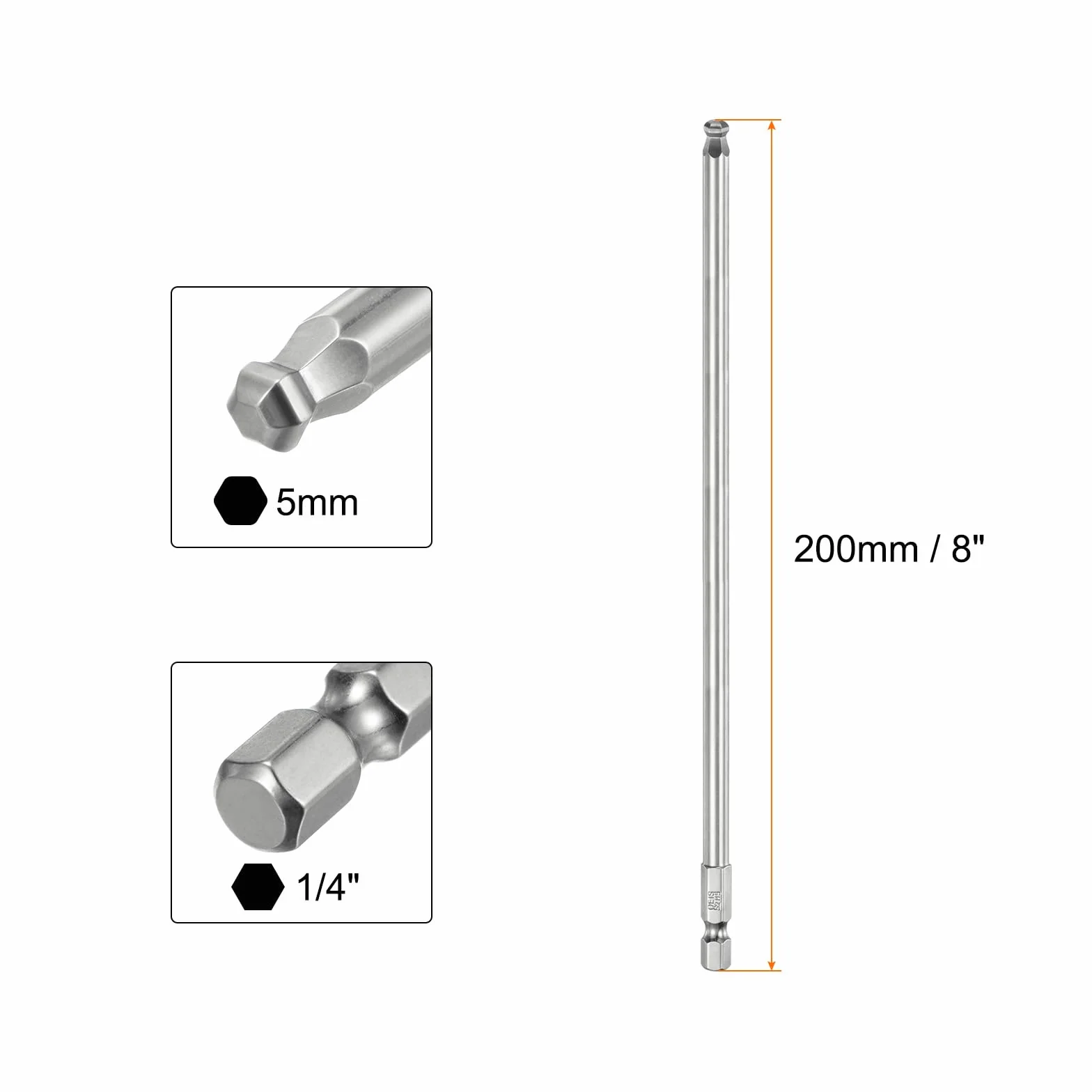 QUARKZMAN Zestaw wkrętaków sześciokątnych z końcówką kulkową 5 mm (H5,0) rozmiar 1/4" z gniazdem sześciokątnym 200 mm (8 cali) długość końcówki kulkowe magnetyczne głowica kulowa stalowa S2 końcówki