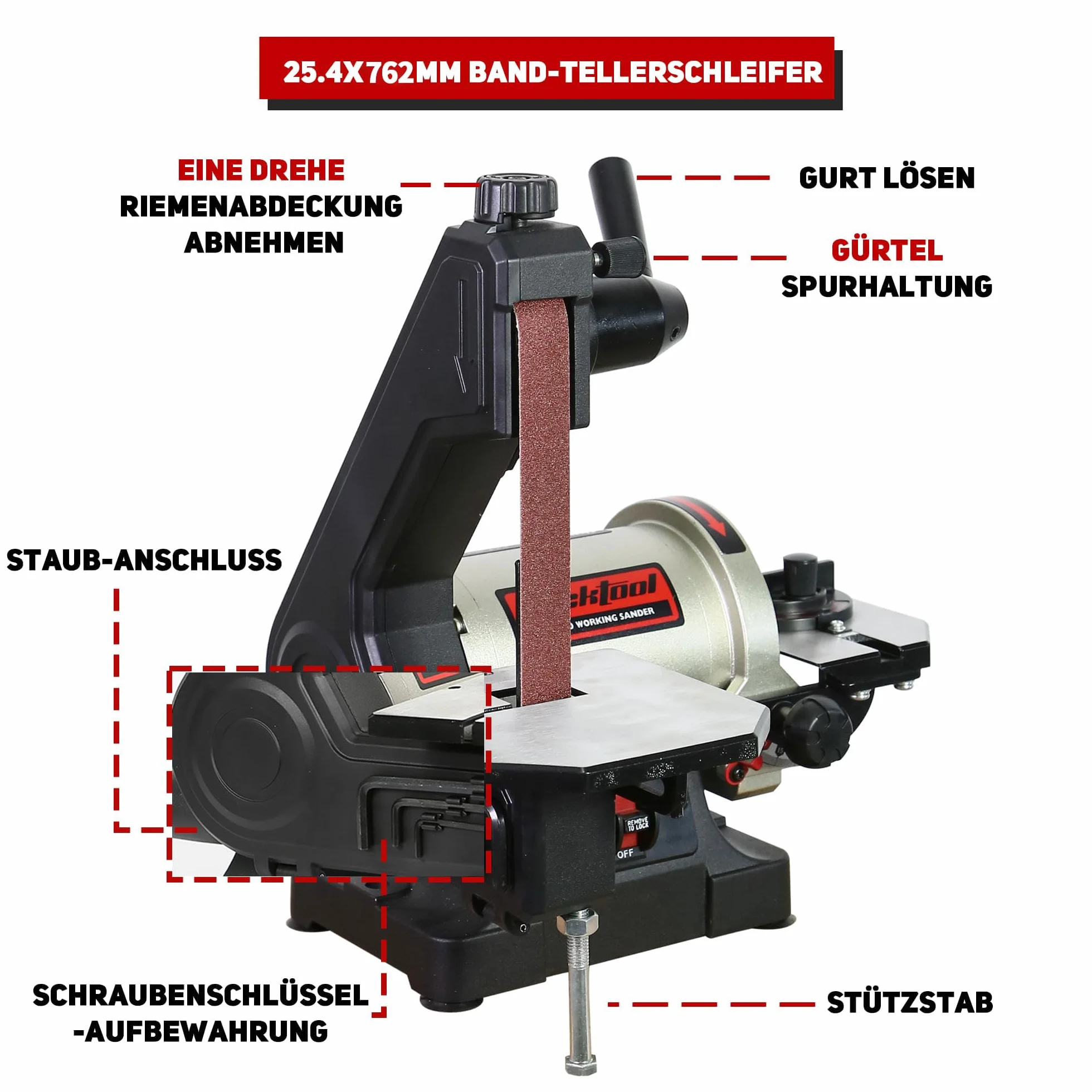 BUCKTOOL Szlifierka taśmowa 250 W, 25,4 x 762 mm, taśma 125 mm, klucz płaski, przechowywanie i łatwe zdejmowanie pokrywy paska, napęd bezpośredni, talerz szlifierski, prędkość obrotowa 2980 min-1