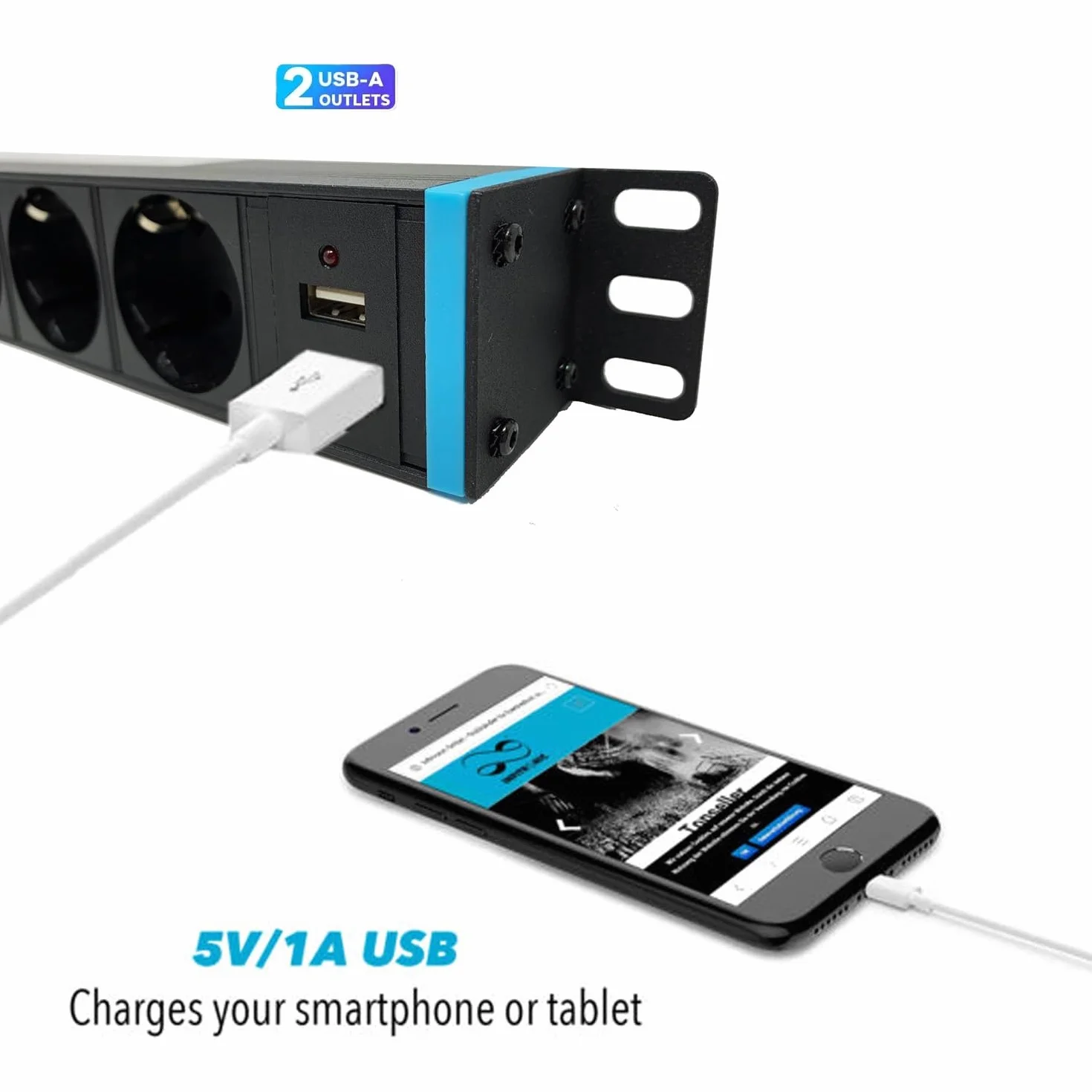 Infitronic - INSV1010 – 19 cali PDU 8-krotna listwa zasilająca 1 HE rozdzielacz zasilania Power Twist z ochroną przed przepięciem + 2 x ładowanie USB