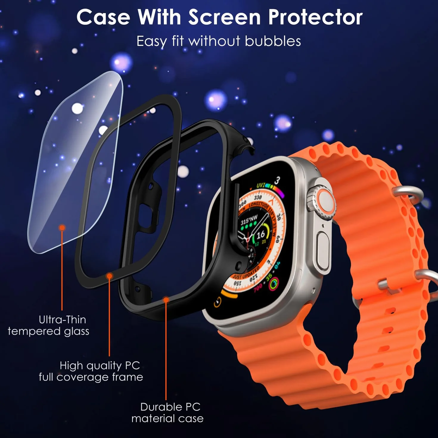 ivoler 3-pak twardych etui PC z osłoną ekranu ze szkła do Apple Watch Ultra 2 49 mm/Apple Watch 49 mm, pełne pokrycie etui ochronne, ultracienkie etui ochronne odporne, 2 przezroczyste + 1 czarne