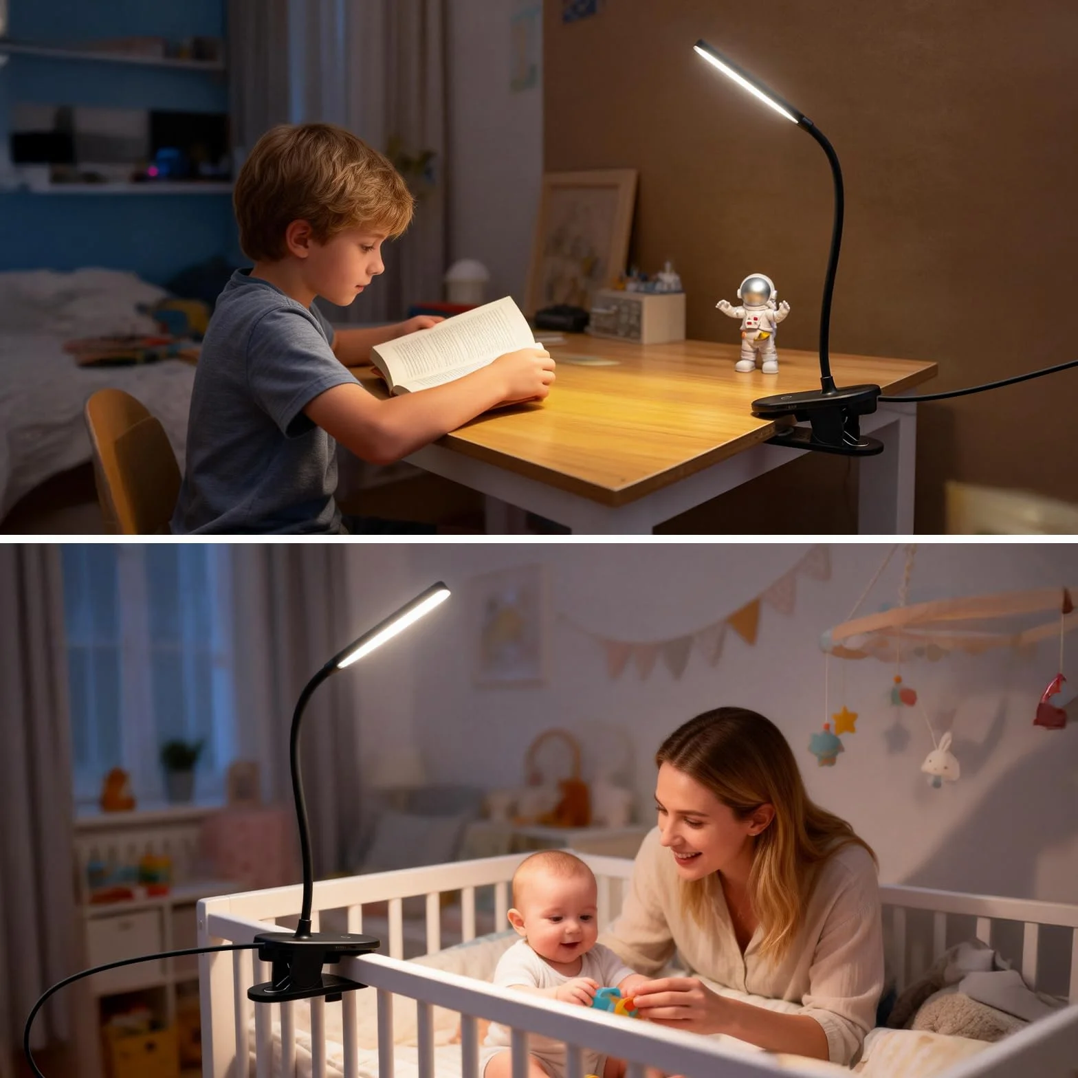 Aigostar Lampa do Czytania z Klipsem - Lampka Nocna LED Zasilana USB (Bez Baterii), 3 Poziomy Jasności, Elastyczne Ramię 360°, Ochrona Oczu 4000K, Idealna do Łóżka i Biurka, Czarna