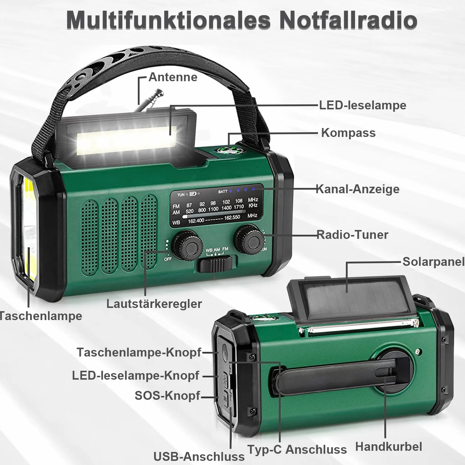 Radio Korbowe 20000mAh Akumulator Ładowalne AM/FM Latarka LED Alarm SOS Kompas Ciemnozielony