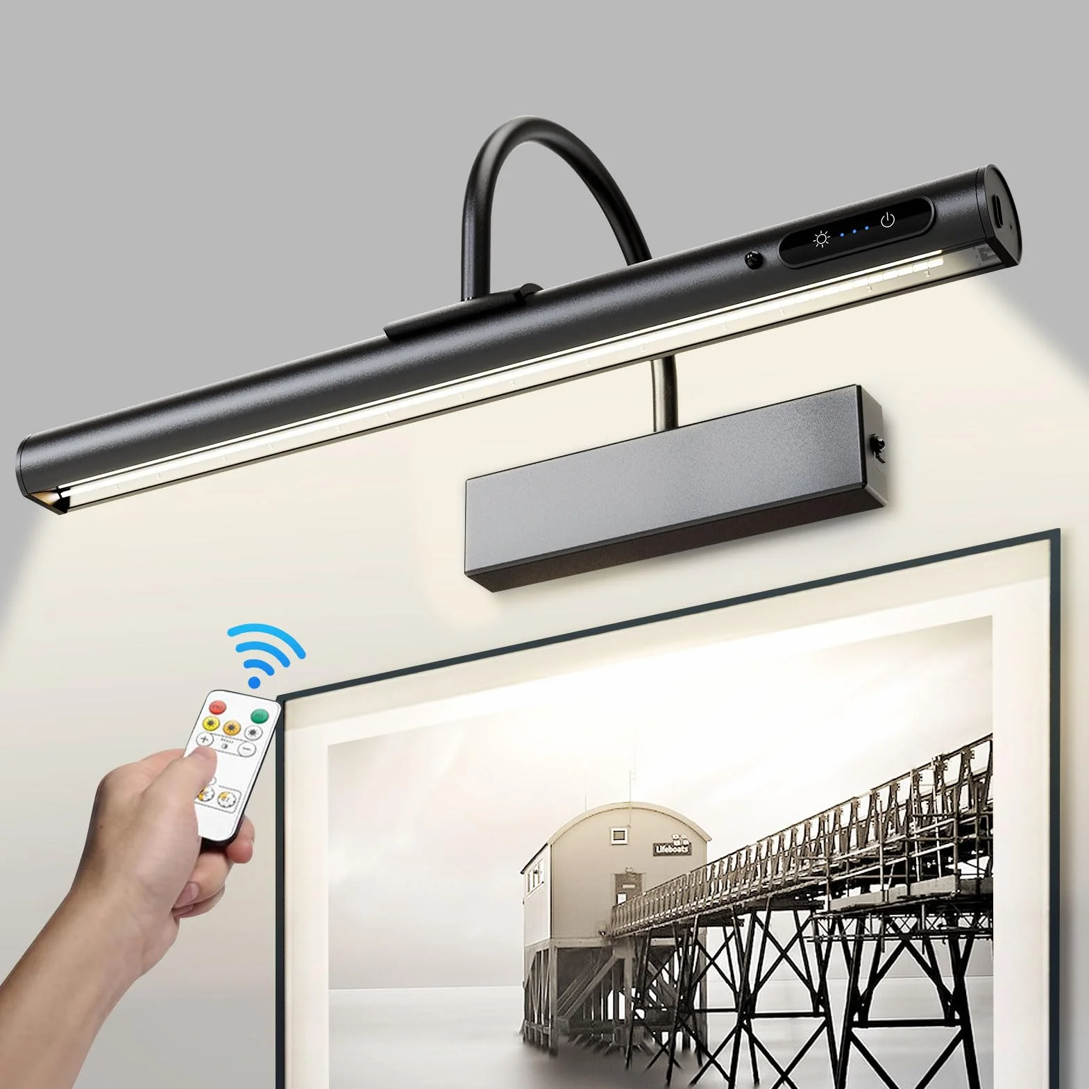 HARPER LIVING Akumulatorowa lampa obrazowa z pilotem, ściemniana i 3 temperaturami kolorów, zasilana bateryjnie lampa ścienna z timerem i pamięcią, lampa LED do tablicy do rzutek, galeria, czarna
