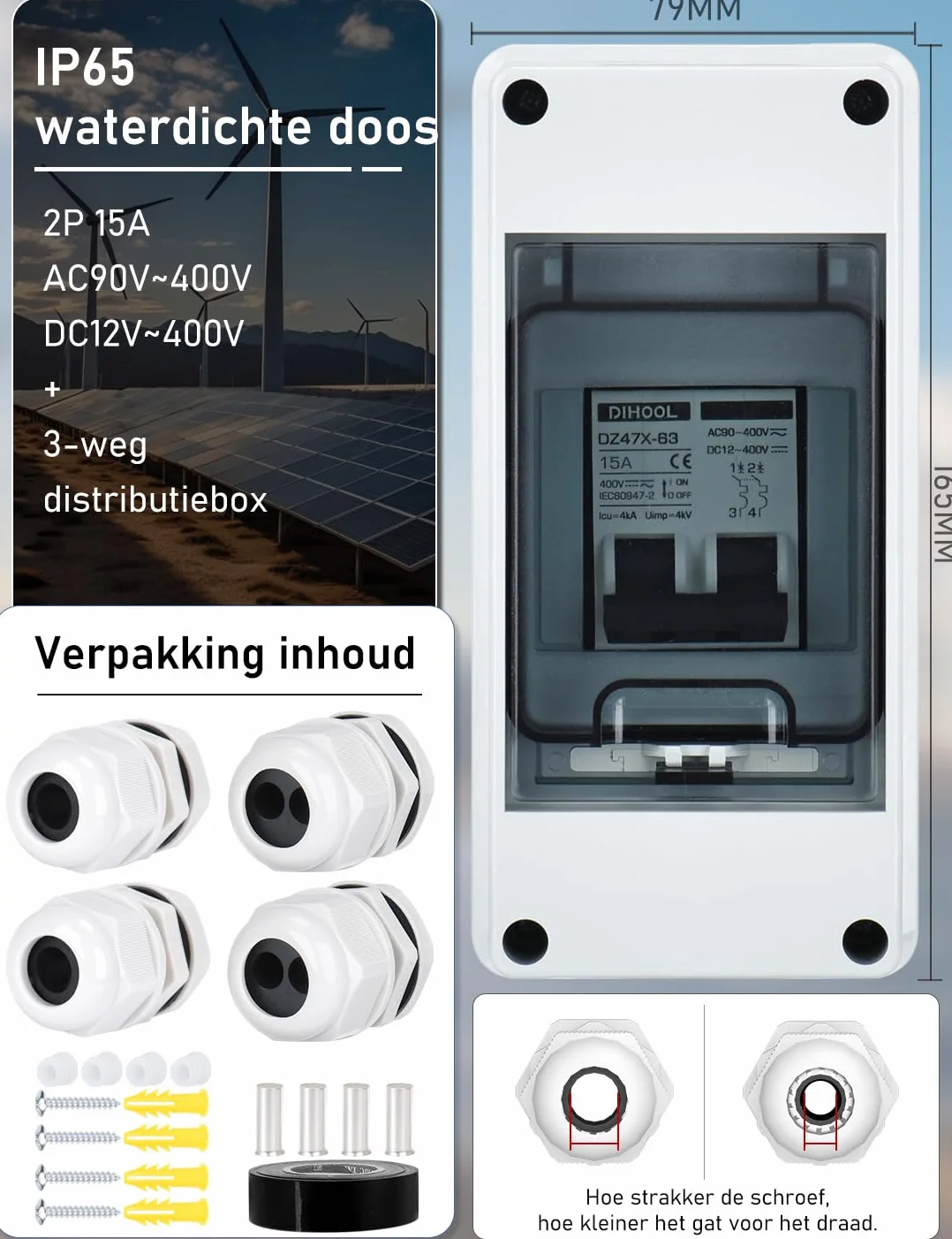 DIHOOL Bezpiecznik DC 16A, 2-biegunowy, z 3 modułami, skrzynka bezpiecznikowa, natynkowa, IP65, wodoszczelny, do elektrowni balkonowych (DC 12V-400V)