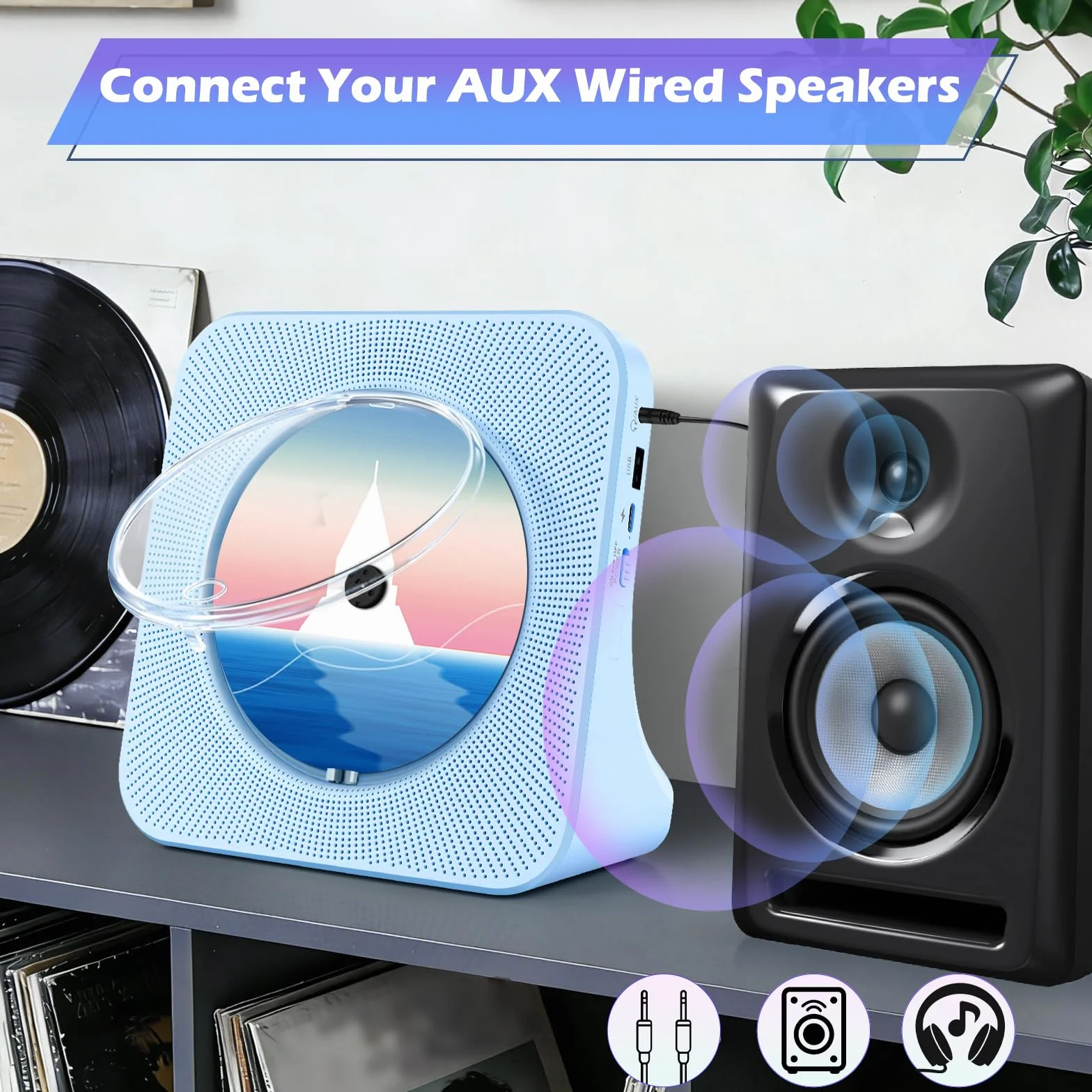 Przenośny odtwarzacz CD z Bluetooth i głośnikami, domowy odtwarzacz CD dla dzieci, odbiornik/nadajnik Bluetooth, radio FM, gniazdo słuchawkowe i USB, pilot zdalnego sterowania, niebieski