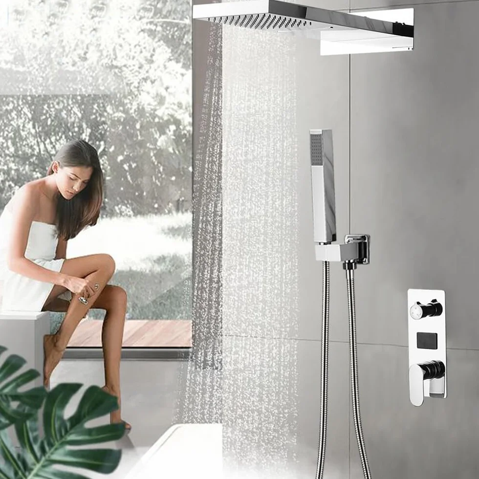 Podtynkowy system prysznicowy z słuchawką prysznicową, armatura prysznicowa LED, zestaw prysznicowy z termostatem, głowica prysznicowa, deszczownica, panel prysznicowy, do masażu, wodospad, srebrna