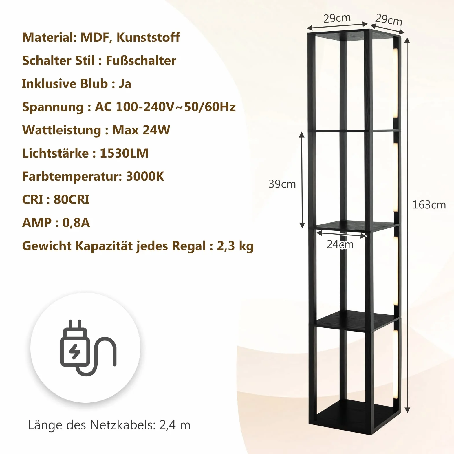 COSTWAY Lampa stojąca 163 cm, nowoczesna, regał do odkładania z 3-stopniowymi ściemnianymi diodami LED i obrotowymi drążkami, lampa stojąca z przełącznikiem nożnym do salonu, sypialni, czarna