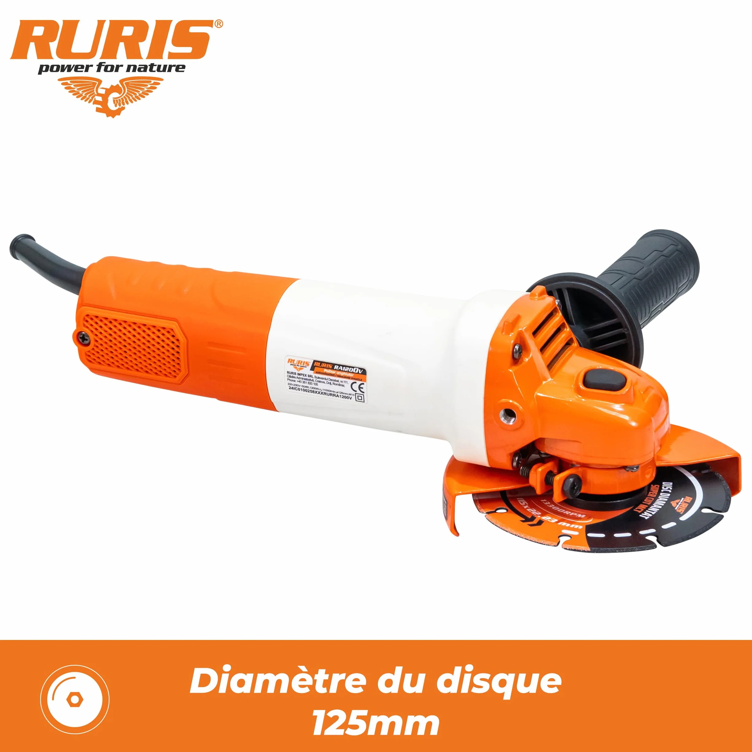RURIS RA1200V elektryczna szlifierka kątowa 1200 W, tarcza 125 mm, zmienna prędkość, 3000-11000 obr./min, system Power Off, uniwersalne narzędzie do cięcia i szlifowania metalu, betonu, kamienia