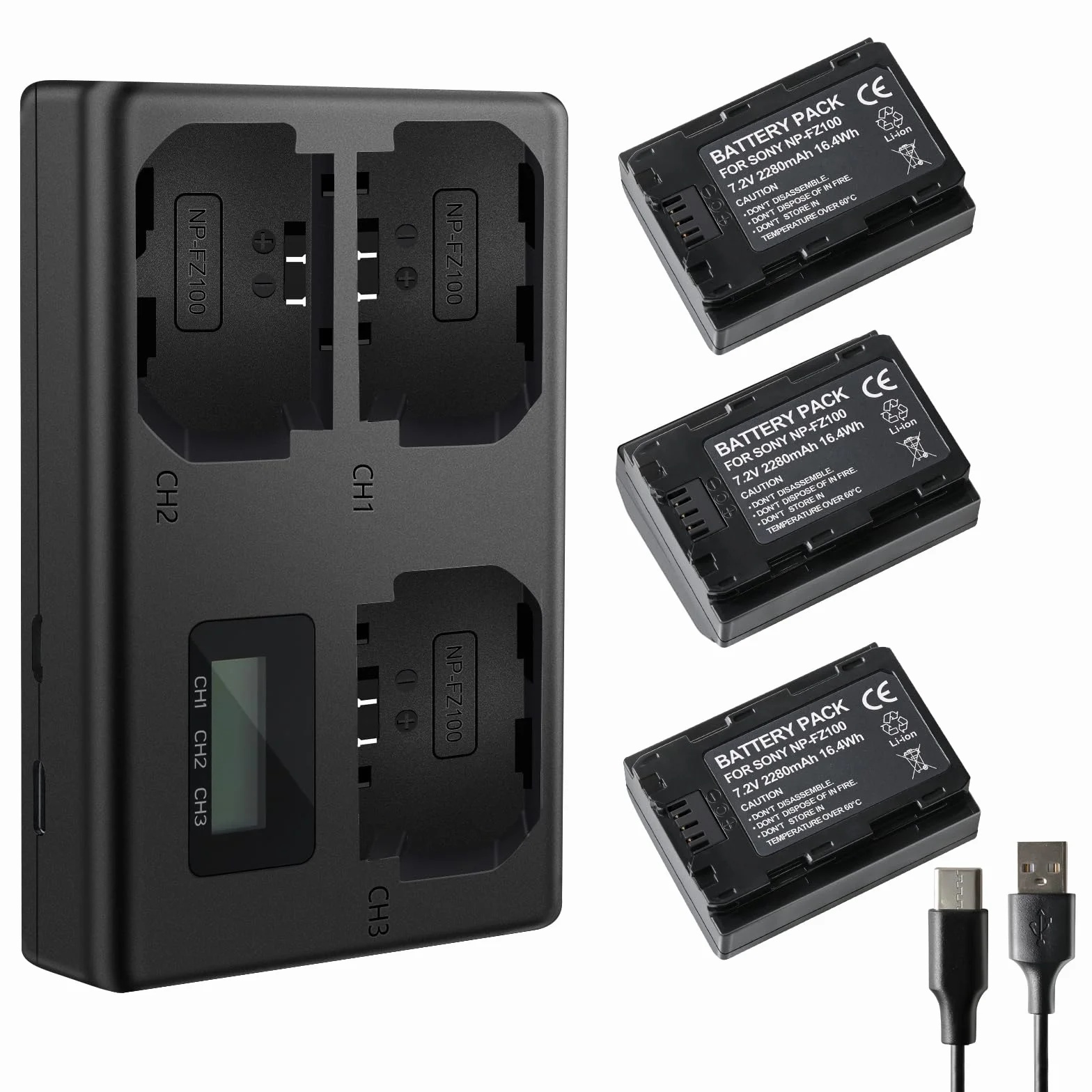 AXFEE NP-FZ100 Bateria i Ładowarka z Trzema Gniazdami LCD Do Sony A7iii A7iv A7C FX3 FX30 A9 A6600 A6700 ZV-E1 ZV-E10ii