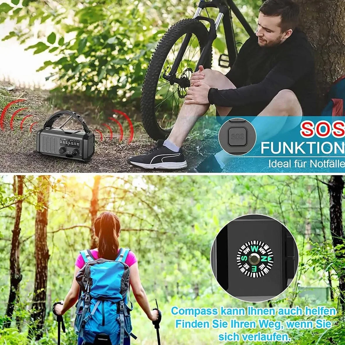 Ishiva 10 000 mAh awaryjne radio solarne AM/FM z latarką LED i ładowarką do telefonu
