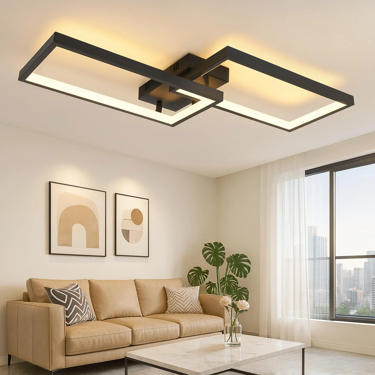 CBJKTX Lampa sufitowa do salonu, nowoczesna, z pilotem zdalnego sterowania, długość 60 cm, czarny metal, do sypialni, kuchni, przedpokoju, biura