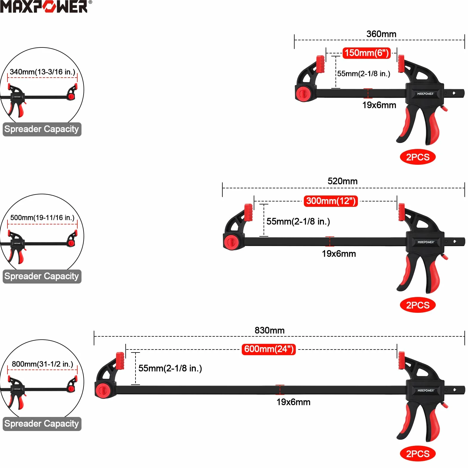 MAXPOWER Zestaw 6 zacisków szybkomocujących 150 mm/300 mm/600 mm do modelarstwa, piękna jakość