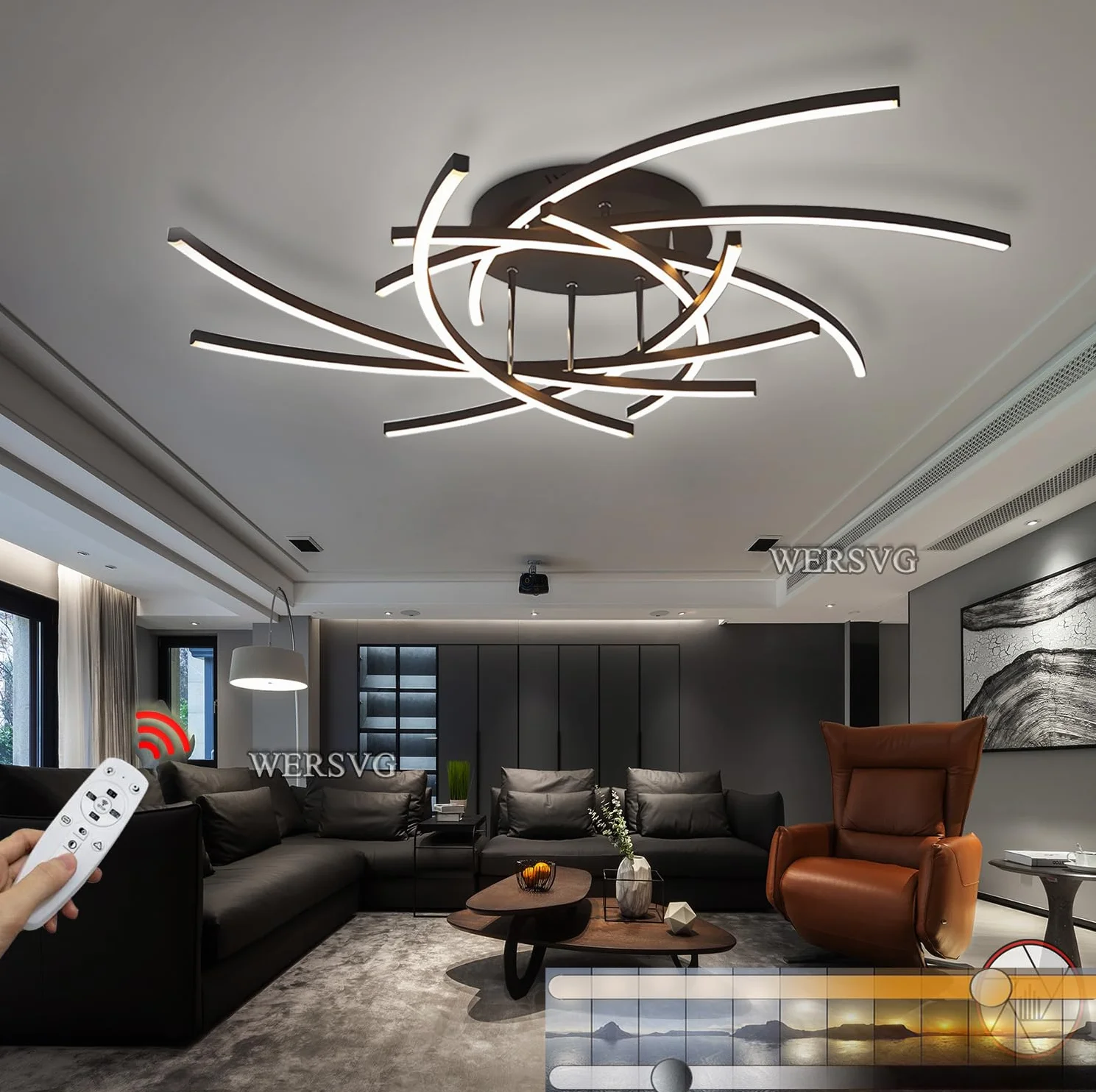 Lampa sufitowa LED Ściemnialna lampa do salonu Sufit z pilotem Nowoczesna lampa sufitowa do sypialni Projektowanie wnętrz Oświetlenie sufitowe Salon Jadalnia kuchenne (Czarny, 8-płomień,100cm,120W)