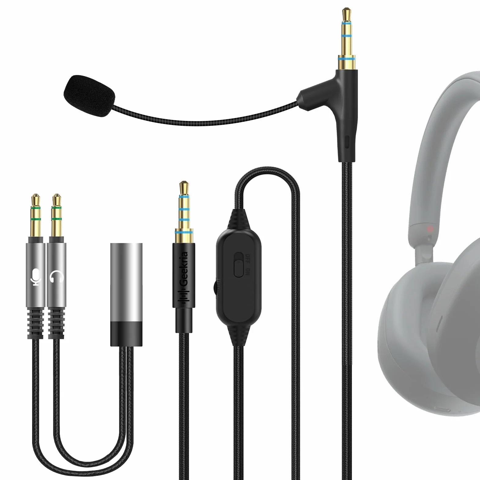 Geekria Kabel do słuchawek z mikrofonem na wysięgniku 3,5 mm 5,6 ft Sony WH-1000XM6/1000XM5/1000XM4 WH-XB920N ULT WEAR