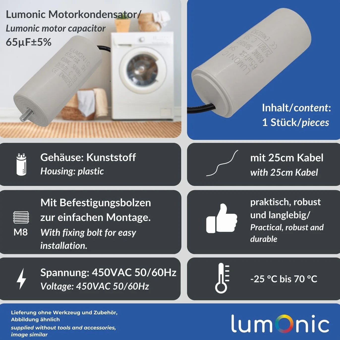 Lumonic Kondensator rozruchowy 65µF 450V 50x110mm silnikowy z plastikowa obudowa