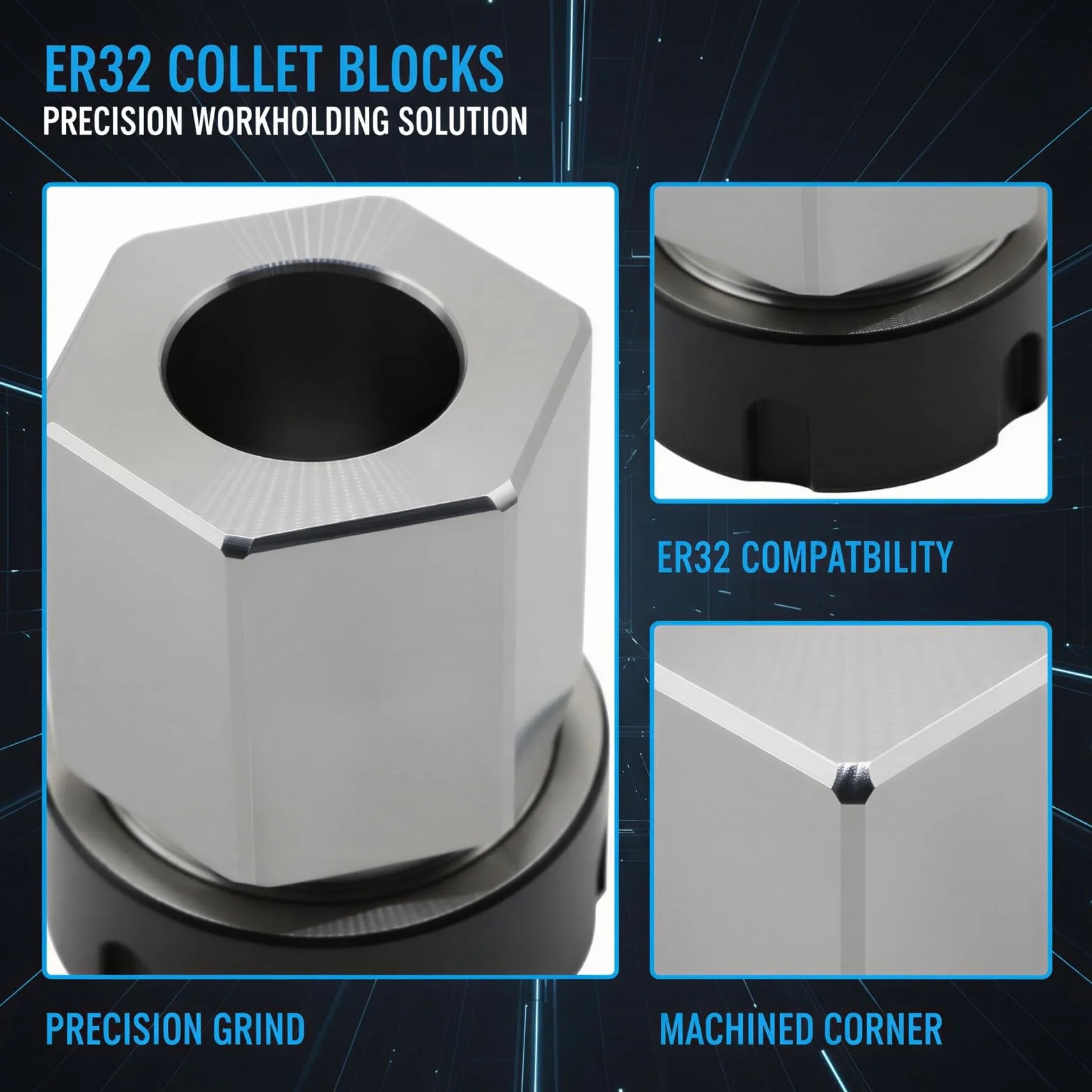 ER32 Zestaw bloków tulei zaciskowych, kwadratowy i sześciokątny uchwyt roboczy do akcesoriów do maszyn CNC, bloki zaciskowe ze stali stopowej ER32 40Cr do frezarki i tokarki z szybką konfiguracją
