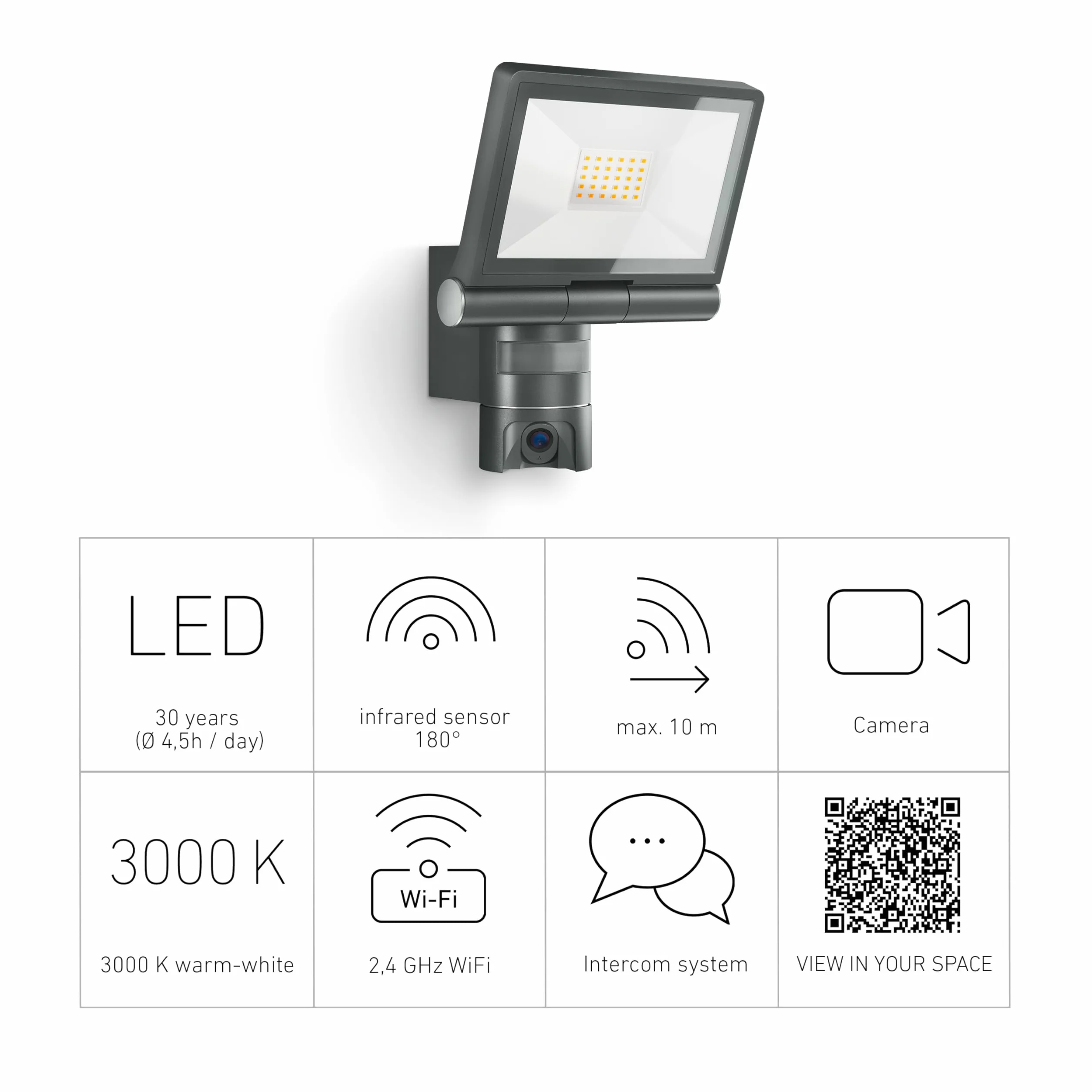 Steinel XLED CAM 1 oświetlenie kamery: reflektor zewnętrzny, kamera monitorująca, domofon, czujnik ruchu na podczerwień 180°, aluminium, 21 W, antracyt