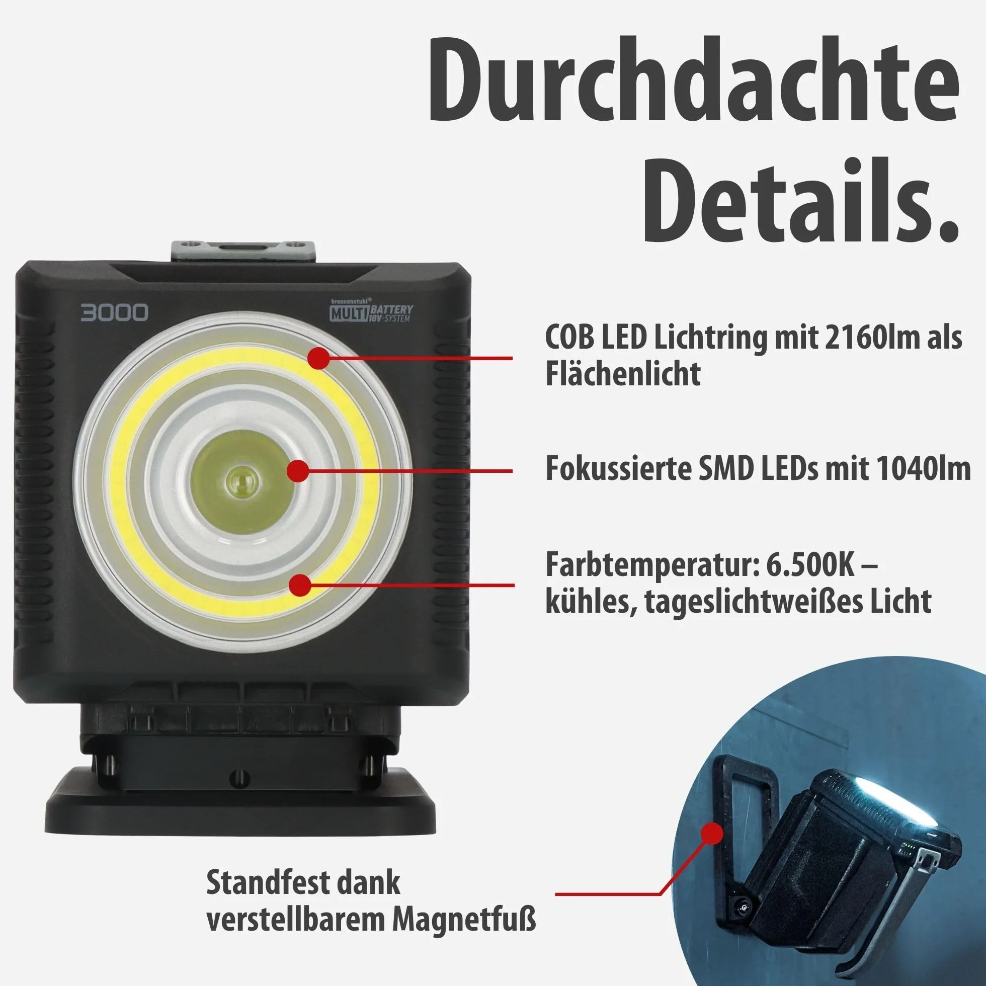 Brennenstuhl Professional Multi Battery LED Lampa ręczna HL 3000 / lampa robocza 1140 + 2160lm (20W, IP54, kompatybilny z akumulatorami 18V od 10 różnych producentów, Engineered in Germany)